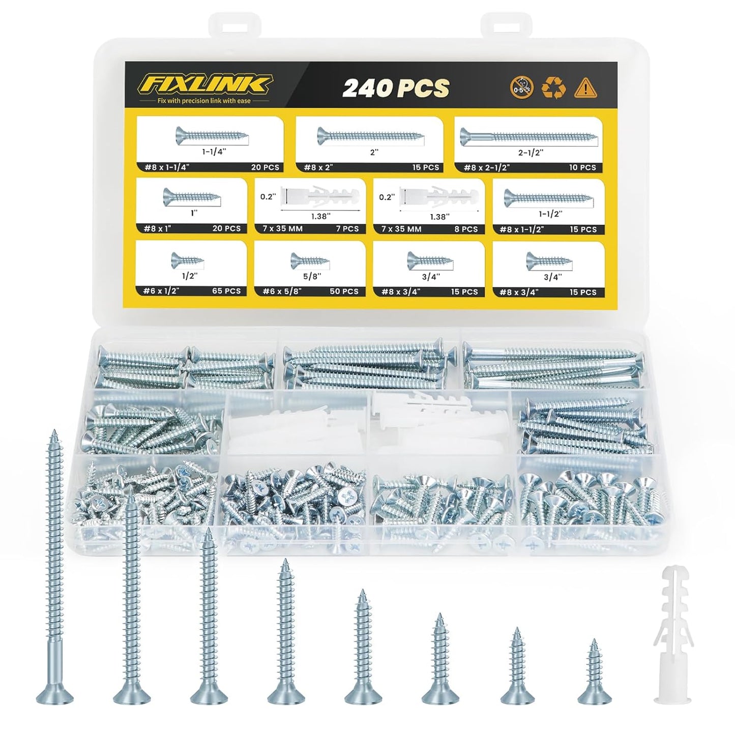 Wood Screws Assortment Kit, FIXLINK 240 PCS High Hardness Flat Head Wood Screws Set, Phillips Drive Screws, Contain 15PC Drywall Anchor and 8 Size (2-1/2”,2”,1-1/2”,1-1/4”,1”,3/4”,5/8”,1/2”), Black