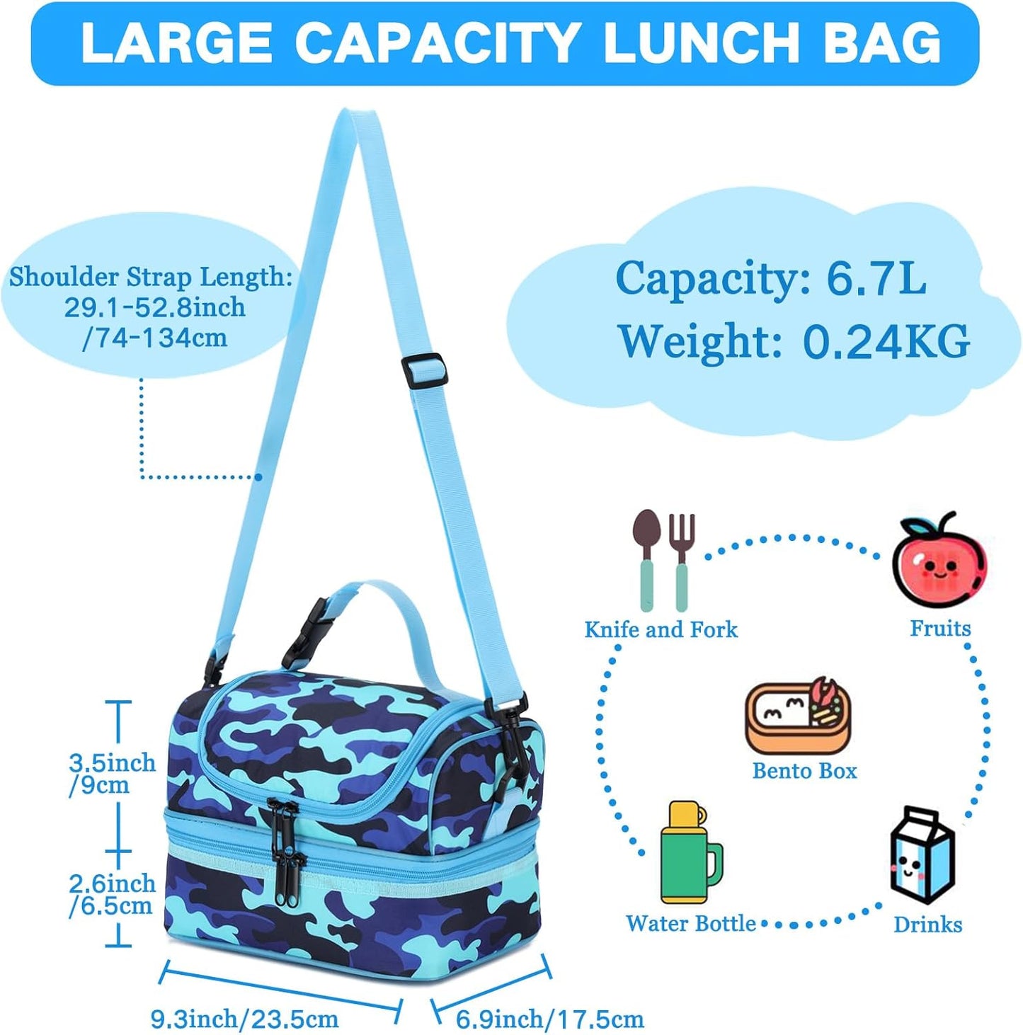 VASCHY Lunch Box Bag Men, Insulated Two Compartments Bento Cooler Bags for Adults/Women/Kids for School,Daycare,Kindergarten,Picnic Black
