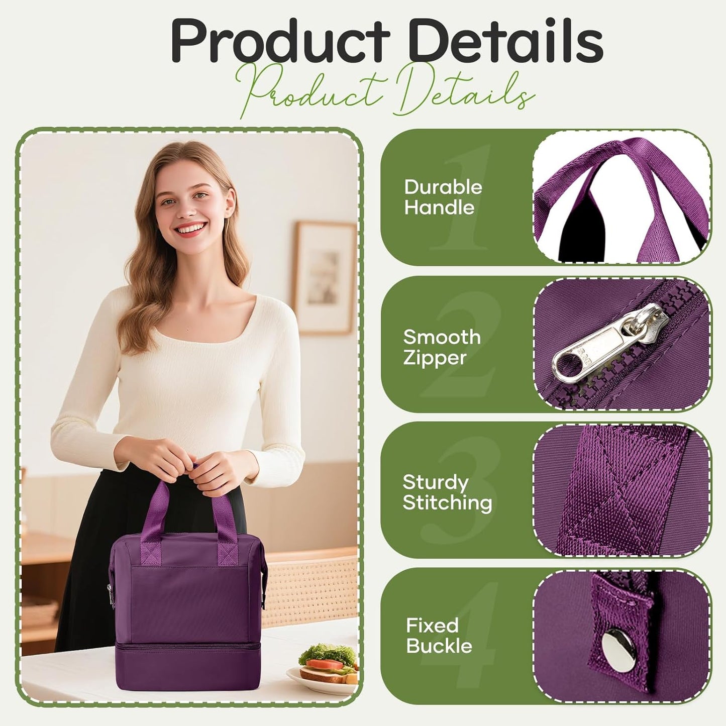 Lunch Bag Insulated Lunch Box Leakproof Lunch Tote Bags for Women Men,Portable Thermal Cooler Bag Lunch Containers with Shoulder Strap for Work, Family, Picnic, School, Outdoor,BBQ C2-Pinkpurple