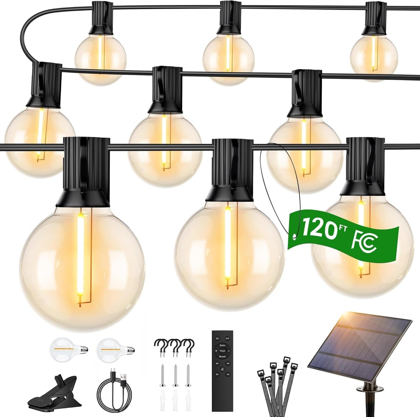 OHLUX 120FT Solar String Lights Outdoor with Remote, Patio Lights with 52 Shatterproof G40 Globe LED Filament Bulbs, Dimmable Outside Edison Hanging Light for Backyard Party Decor