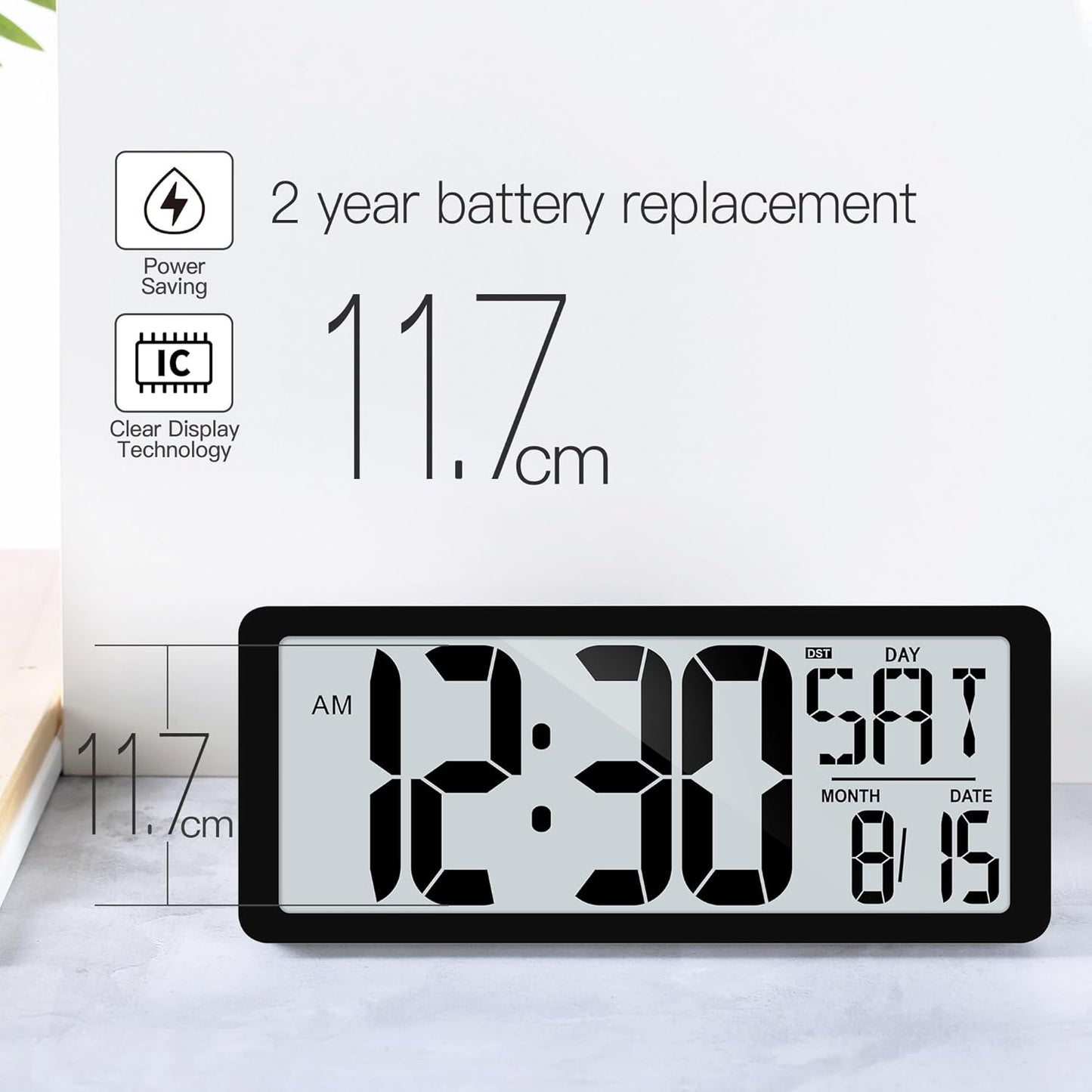 KMMKGG 15" Large Digital Wall Clock Battery Operated, Digital Clock Display with Day, Date & Temperature, Large Wall Clock for Bedroom, Livingroom, Office(4.6" Numbers)