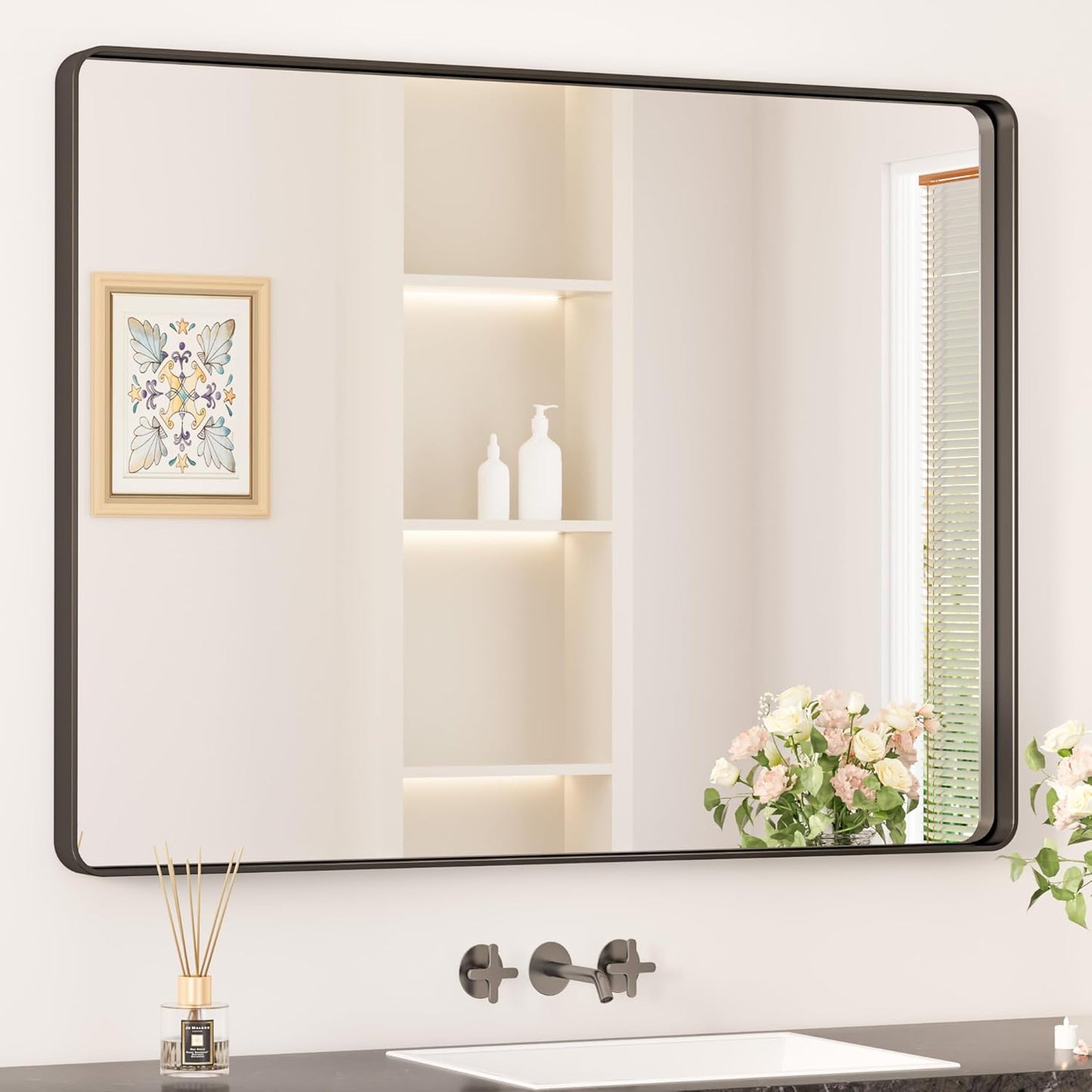 Keonjinn 42 x 36 Brushed Nickel Bathroom Vanity Mirror, Large Rounded Rectangle Bathroom Mirrors for over Sink, Metal Framed Silver Mirror for Wall, Shatterproof HD Tempered Glass(Horizontal/Vertical)