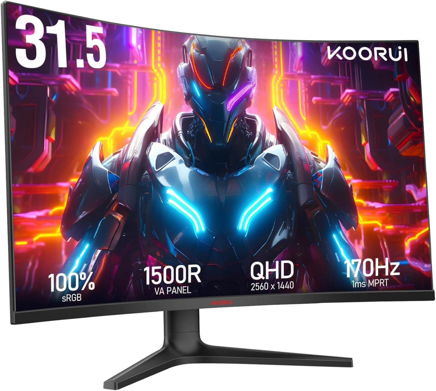KOORUI 32 inch Curved Gaming Monitor - QHD (2560 x 1440) 2K Display, 170Hz 144Hz Monitors, 1500R Curvature, 1ms, HDR10, Adaptive Sync, Tilt Adjustable, DisplayPort HDMI, Black - 32E6QC