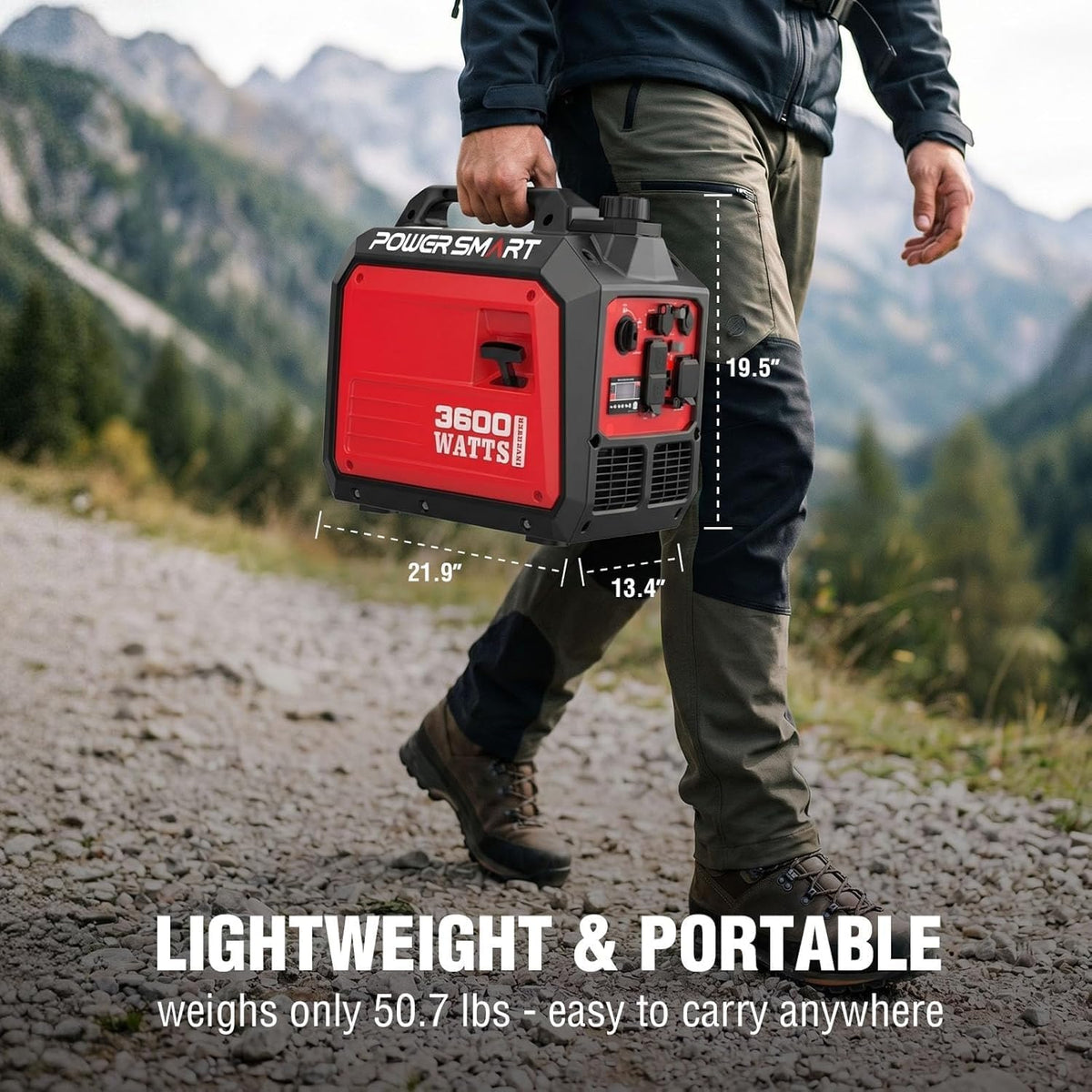PowerSmart 3600W Portable Inverter Generator, Whisper Quiet Generator for Home Use, Camping, RV Ready, Gas Powered, Black & Red, Lightweight & Compact Design