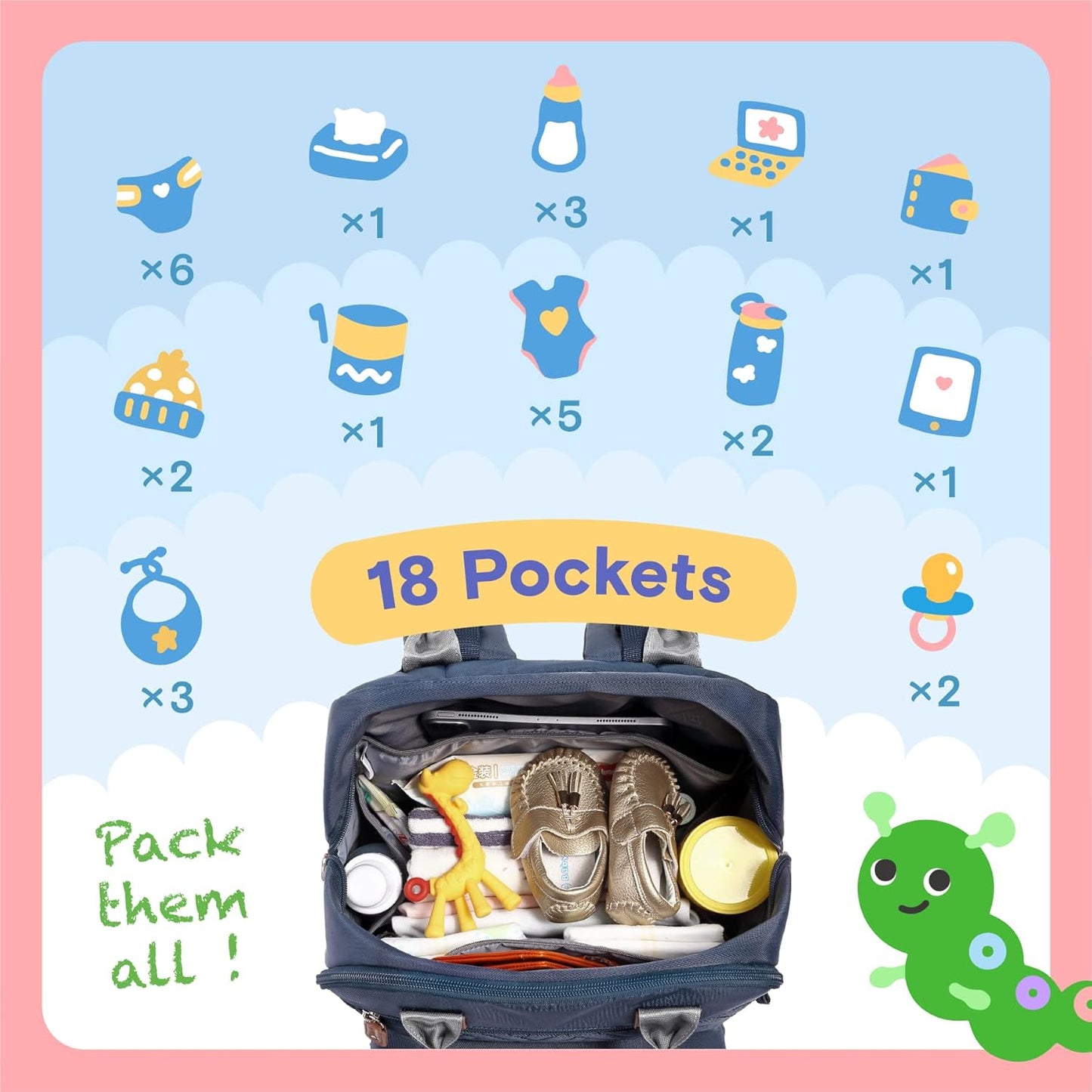 Diaper Bag Backpack, iniuniu Large Baby Bags with Diaper Pouch, Washable Changing Pad, Pacifier Case and Stroller Straps