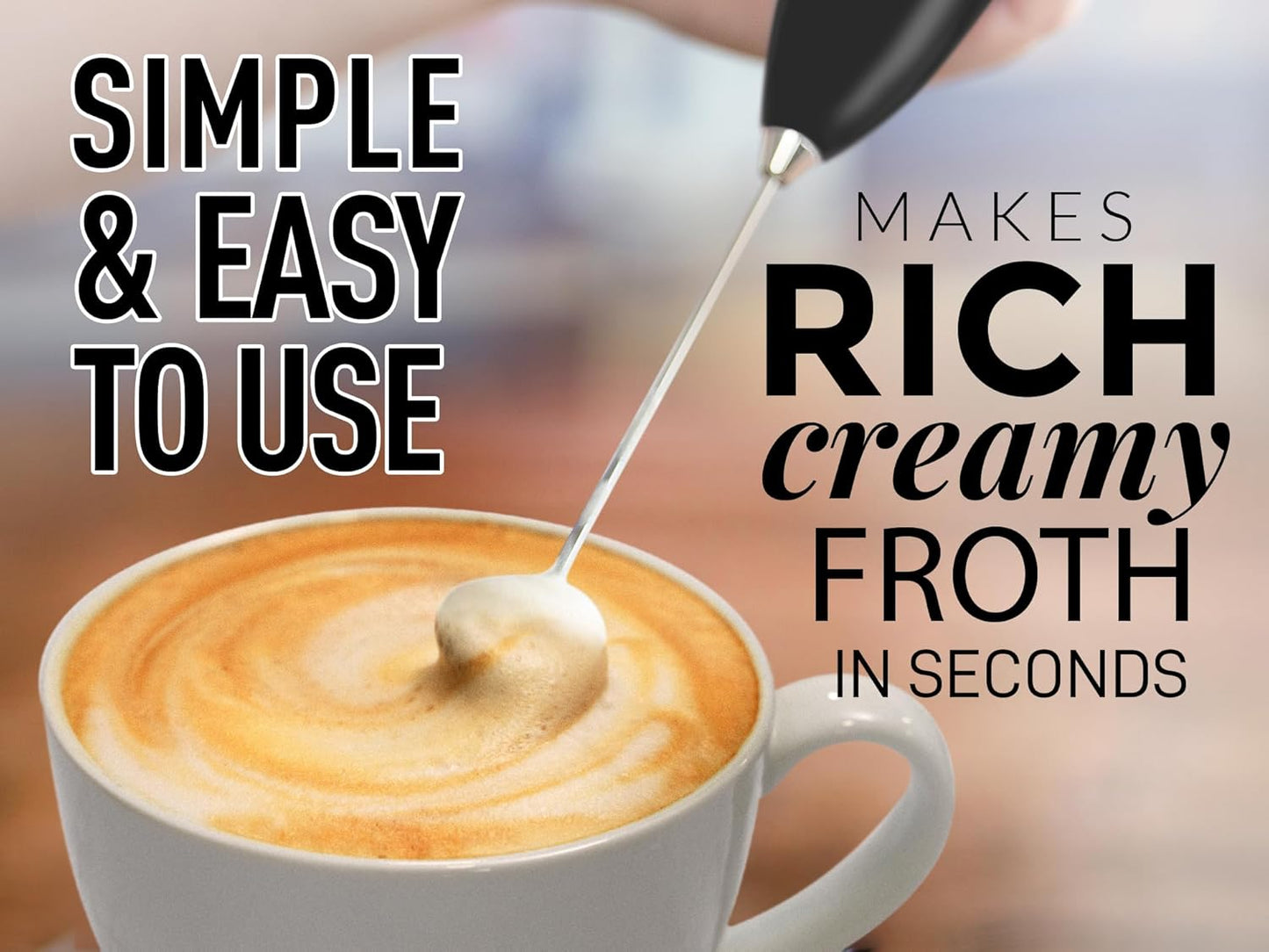 Zulay Kitchen Powerful Double Whisk Milk Frother Handheld - Foam Maker with Stand - Whisk Drink Mixer for Coffee, Mini Foamer for Latte, Matcha, Frappe, Hot Chocolate & Cappuccino (Black)