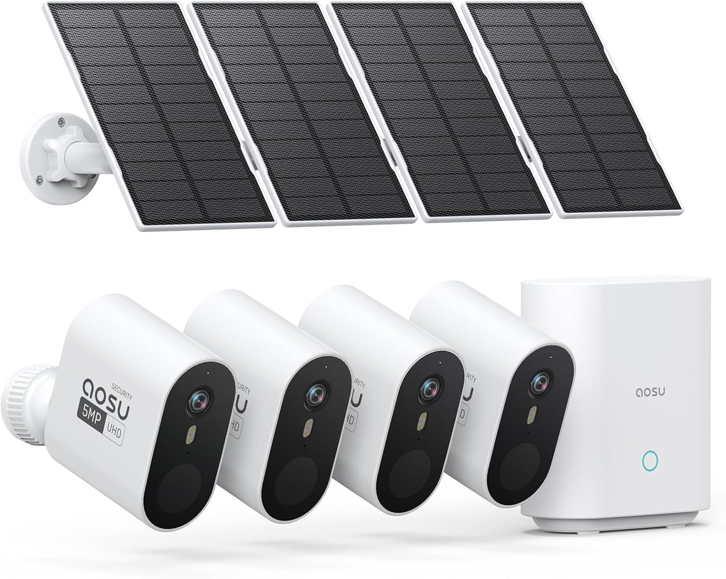 AOSU 5MP/3K Solar Security Cameras System 4-Kit, No Monthly Fee, 32GB Homebase Local Storage, 166° Ultra-Wide Angle Security Camera Wireless Outdoor, Forever-Solar Powered, Color Night Vision