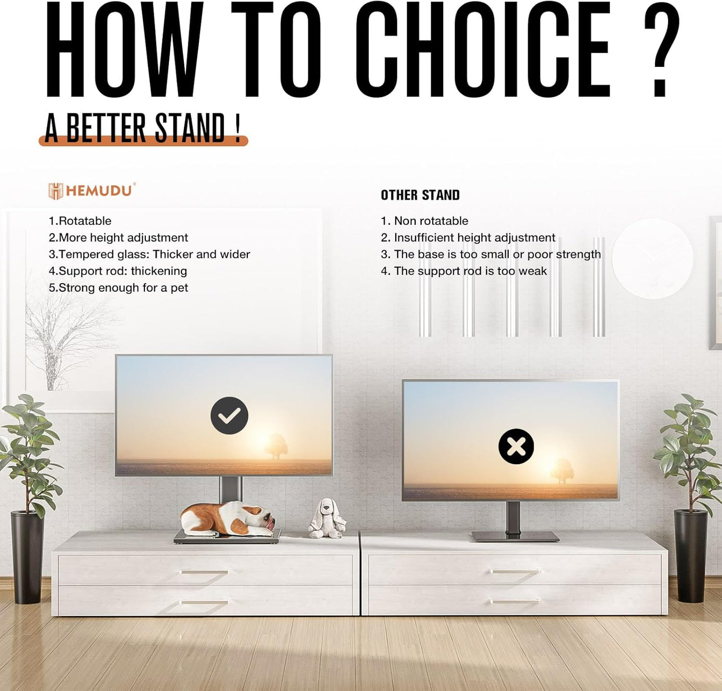 Universal TV Stand/Base Table Top TV Stand with Wall Mount for 27 to 55 inch 9 Level Height Adjustable, Heavy Duty Tempered Glass Base, Holds up to 88lbs Screens, HT06B-001