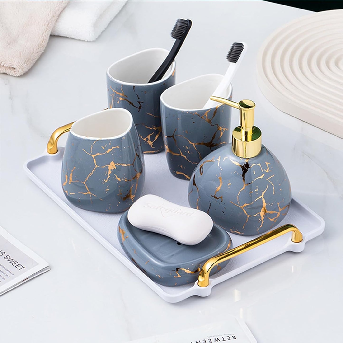 White Bathroom Accessories Set,Modern Countertop Bathroom Decor,Luxury 6 Piece Bathroom Accessory Set,Complete with Soap Dispenser,Toothbrush Holder,Tumbler,Tray