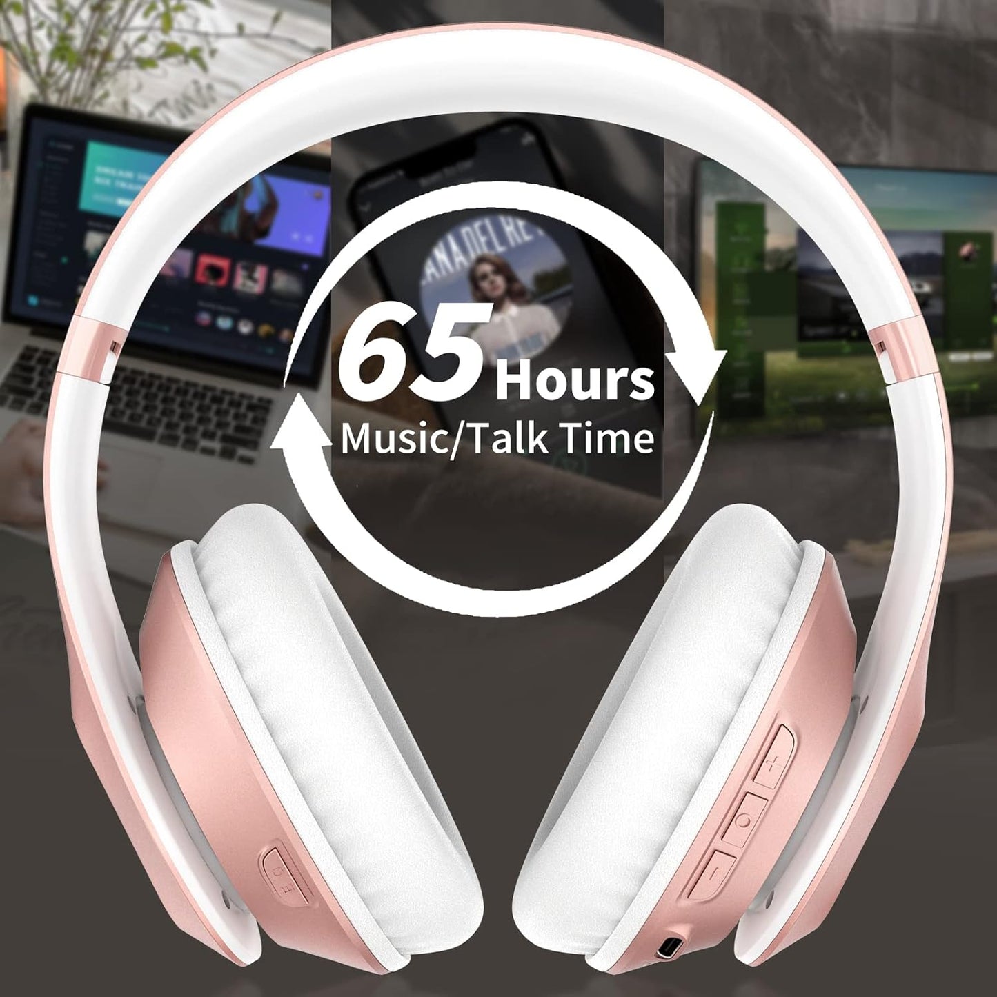 Glynzak Wireless Bluetooth Headphones Over Ear 65H Playtime HiFi Stereo Headset with Microphone and 6EQ Modes Foldable Bluetooth V5.3 Headphones for Desktop Computer Laptop Rose Gold