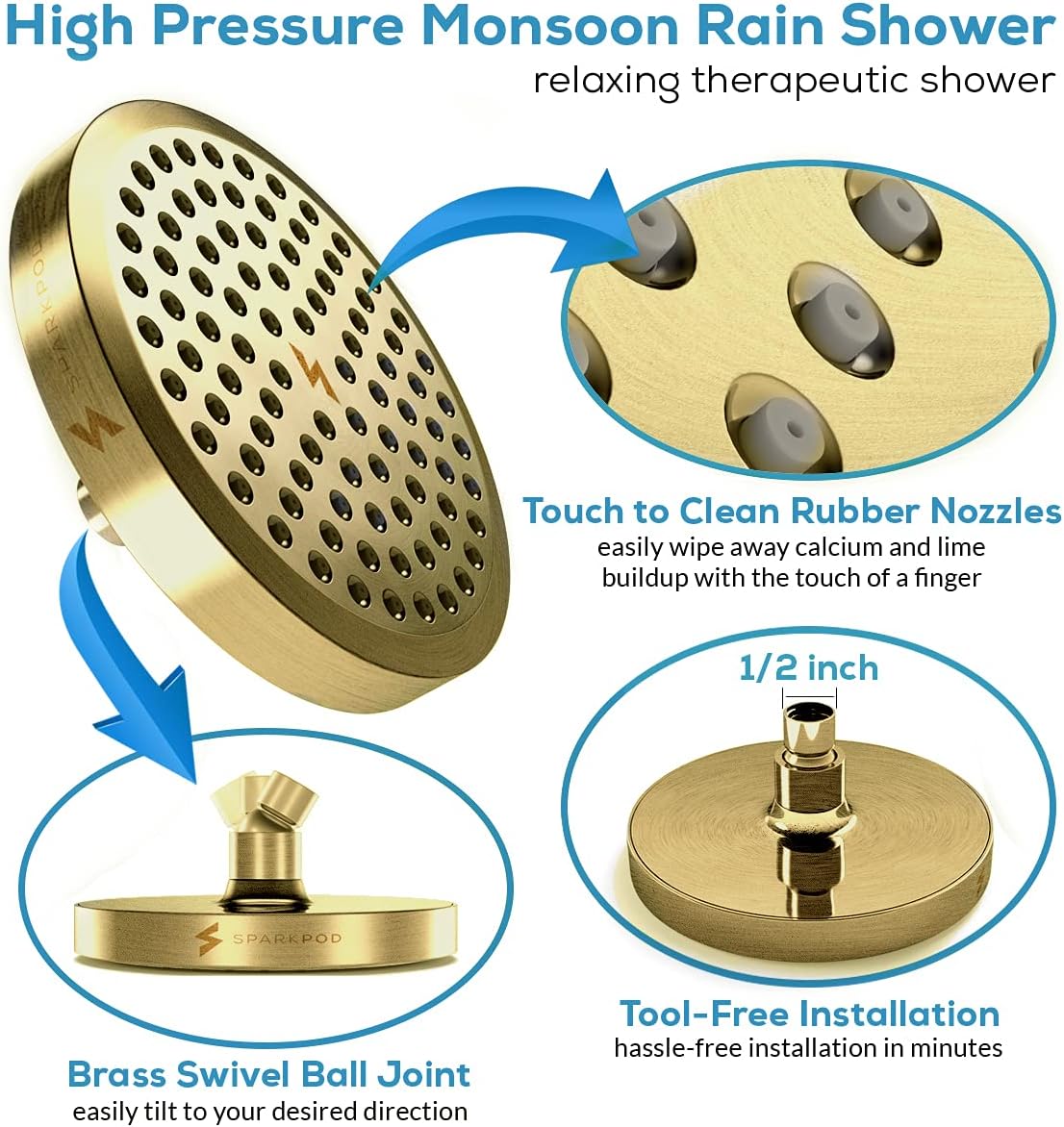 SparkPod Shower Head - High Pressure Rain - Premium Quality Luxury Design - 1-Min Install - Easy Clean Adjustable Replacement for Your Bathroom Shower Heads (Luxury Polished Chrome, 6 Inch Round)