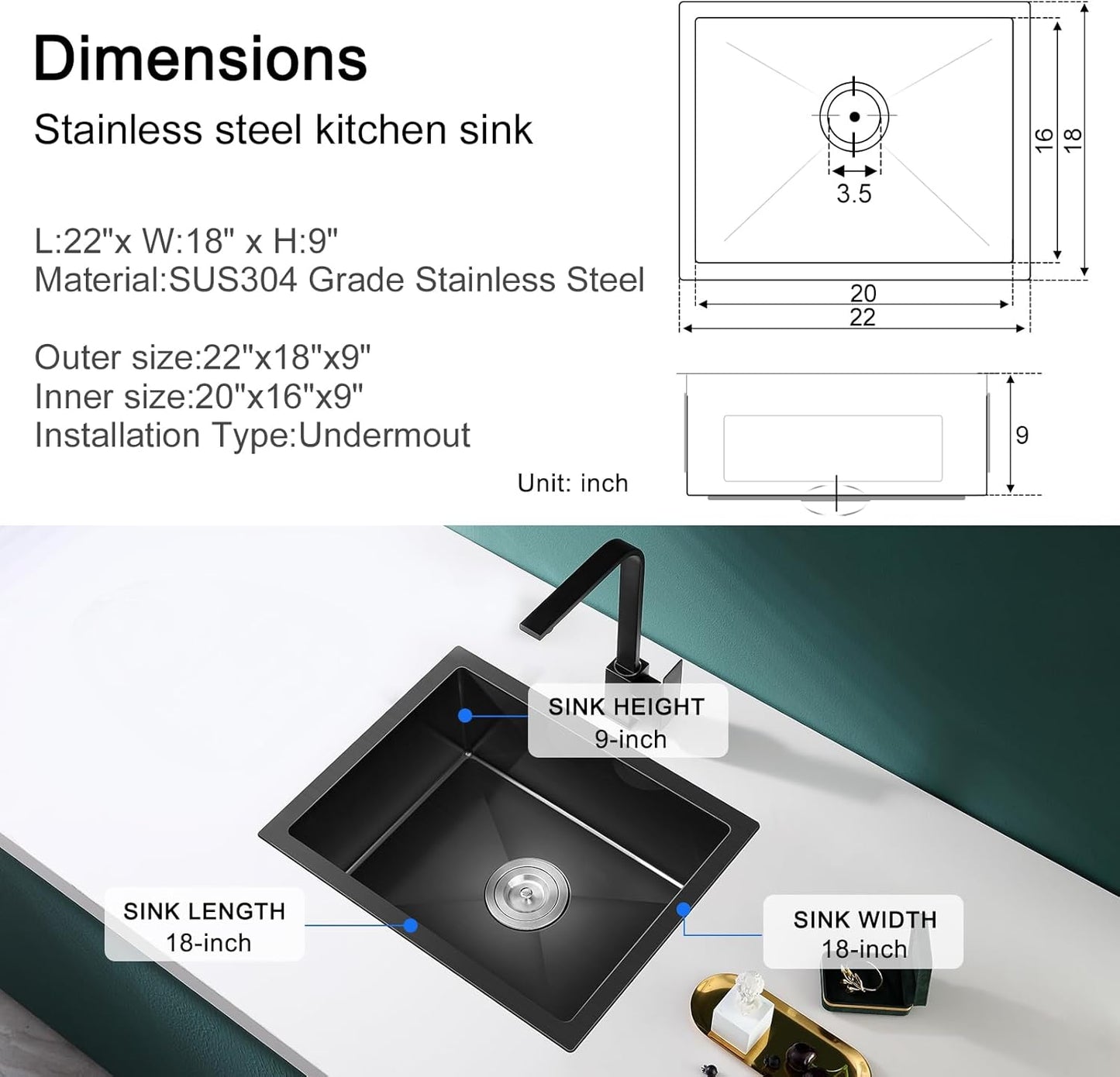 MENATT 20-inch Undermount Kitchen Sink, SUS304 Stainless Steel Handmade Single Bowl Kitchen Sink with Sink Strainer (Brushed), 20"x16"x9"