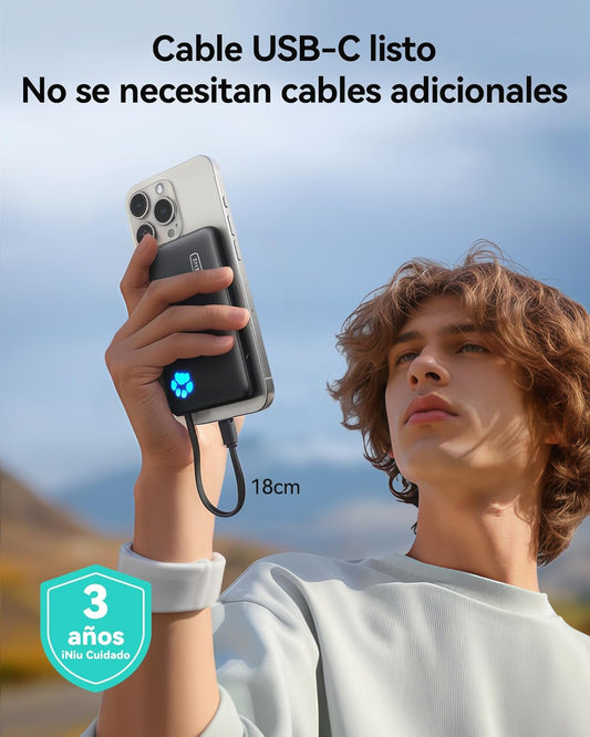 INIU Portable Charger, Mini 10000mAh Power Bank with Build in USB-C Cable, 20W Fast Charging Powerbank with Cords Wires, Cruise Ship Travel Essentials Battery Pack for College Student Traveler, Orange