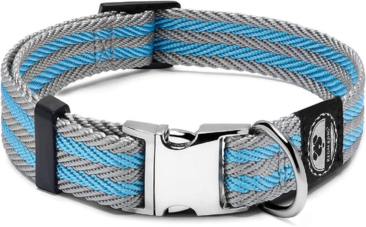 Regal Dog Products Pet Collar with Metal Buckle and D Ring | Durable Dog Collar with Reinforced Metal Clasp and Nylon Webbing Adjustable Dog Collar to fit for Large Dogs (Large, Blue/Gray Stripe)