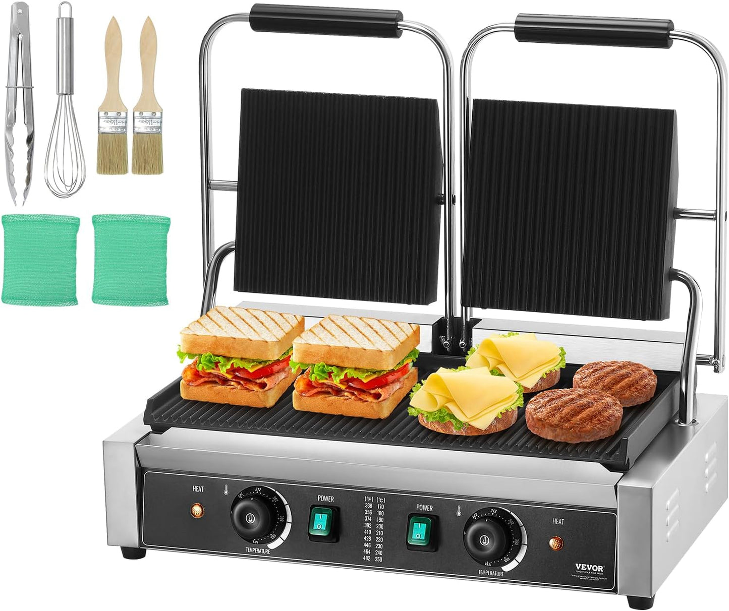 VEVOR 7 IN 1 Electric Contact Grill,1800W Indoor Panini Press Griddle,Stainless Steel Teppanyaki Grill with Nonstick&Removable Iron Plate, 0-446℉ Adjustable Temp Control,LCD Display,110V