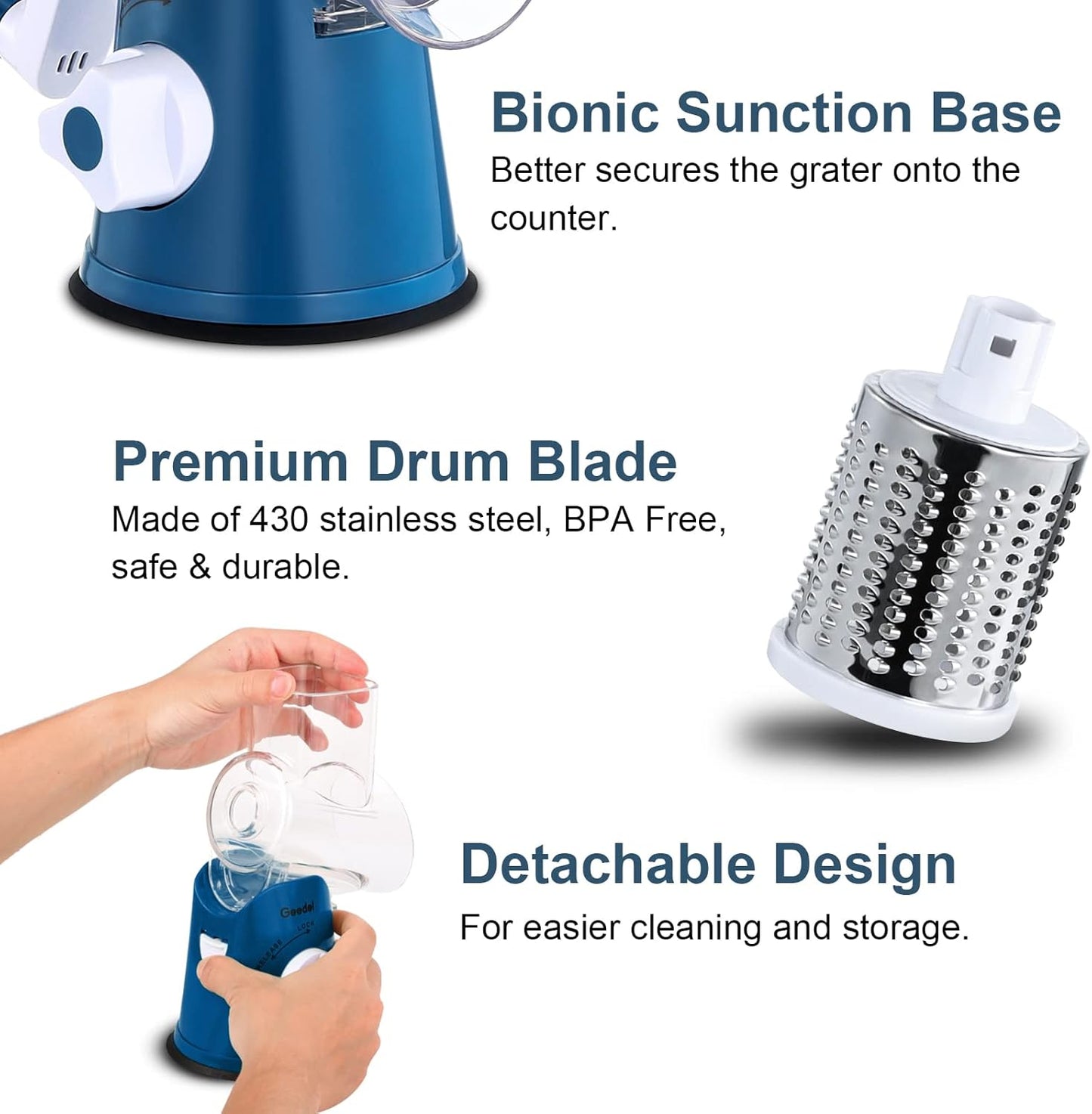 Geedel Kitchen Cheese Grater, Rotary Mandoline Vegetable Slicer with Interchangeable Blades, Easy to Use Rotary Grater Slicer for Fruit, Vegetables, Nuts
