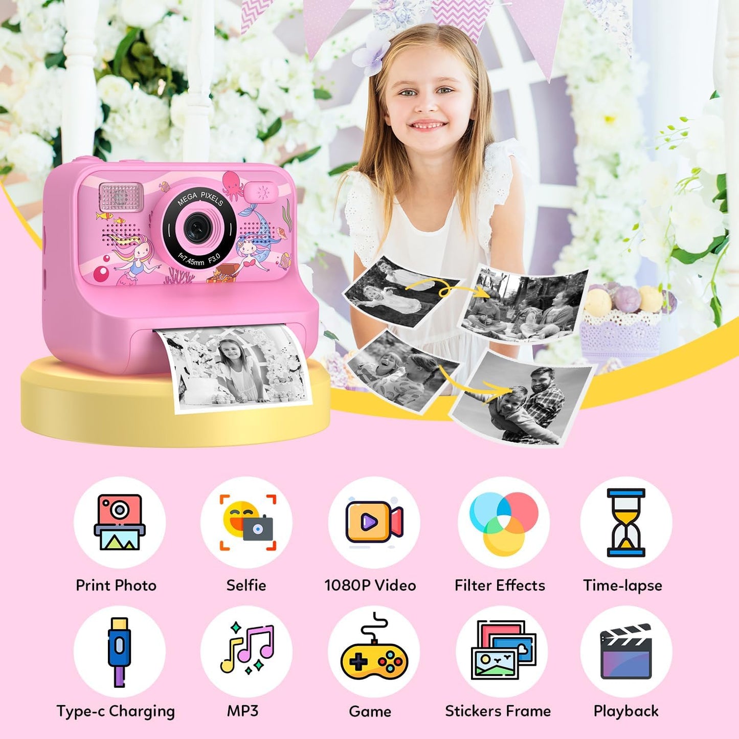 Instant Print Camera for Kids Age 3-12 Girls Boys 1080P Selfie HD Digital Video Cameras with 6 Print Paper & 32G Card Toddler Portable Travel Toys Camera for Christmas Birthday Gifts