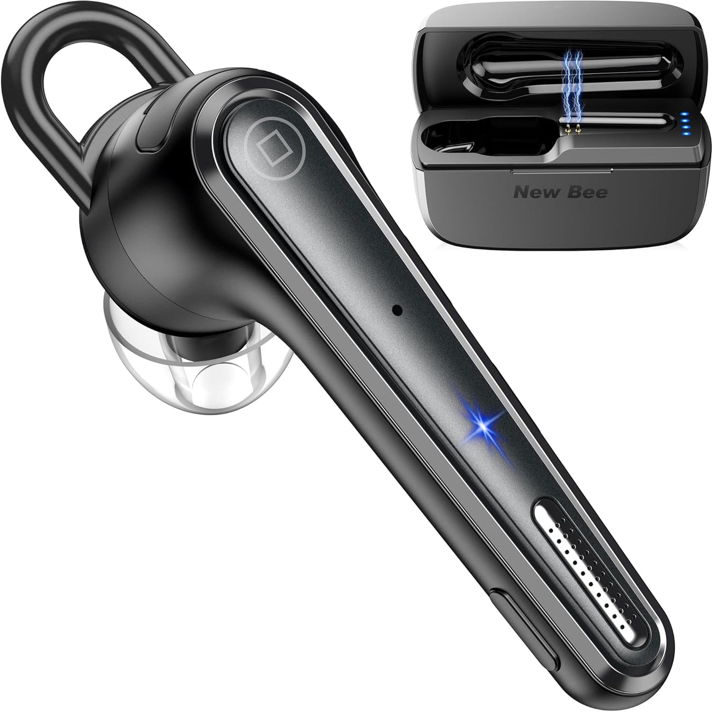 Bluetooth Headset V5.1 Bluetooth Earpiece with 500mAh Charging Case ENC Noise Canceling Mic, LED Battery Display Hands-Free Single-Ear Earbud for Cell Phone Business Calls
