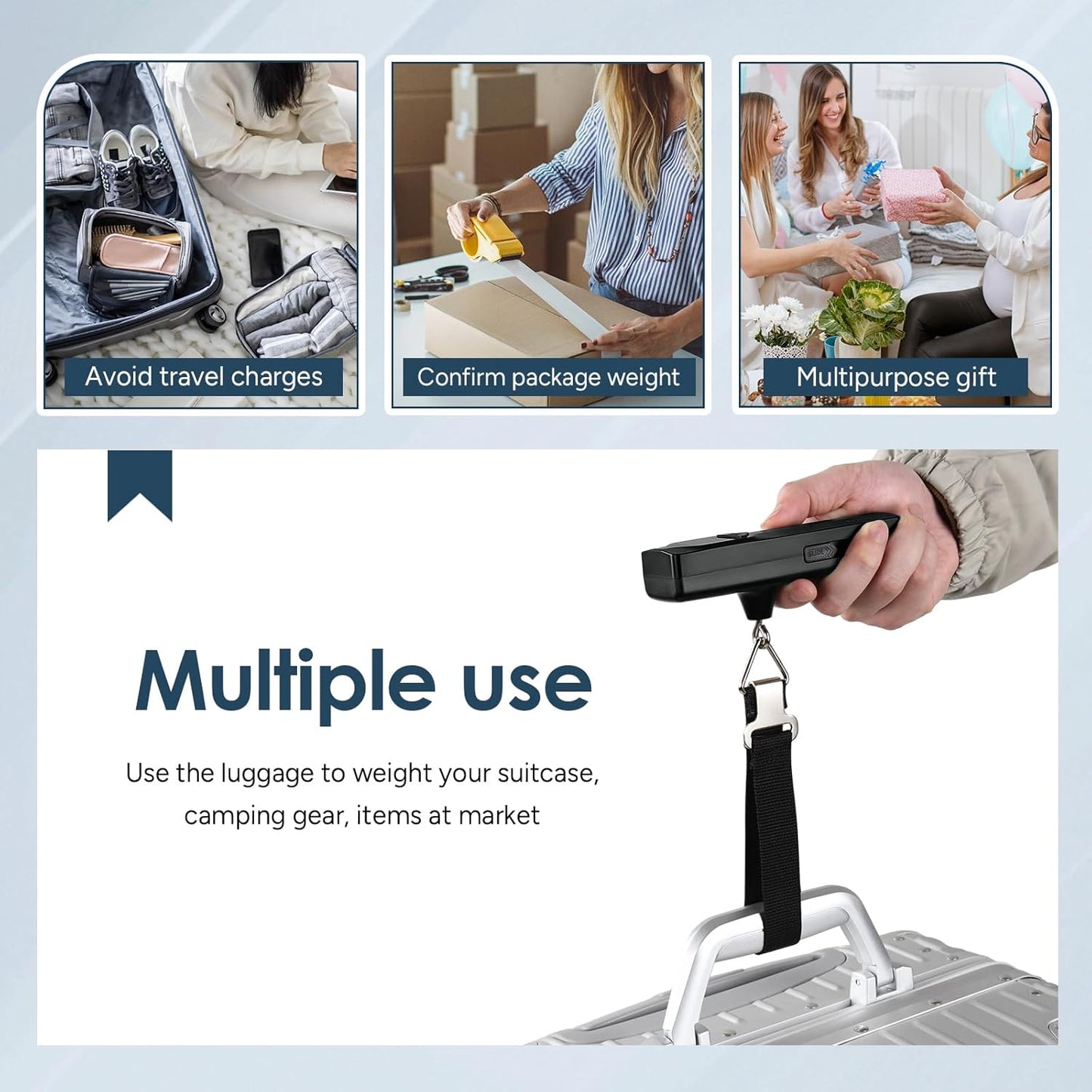 travel inspira Luggage Scale Battery-Free, Travel Essentials, Portable Handheld Digital Suitcase Weight Scale for for Travel Accessories, 110lbs/50kg (Dark Blue)