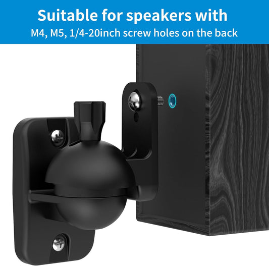 PlusAcc Speaker Wall Mount Brackets – Surround Sound Speaker Wall Mounts with 20° Tilt & 80° Swivel, Bookshelf Speaker Wall Screws Mounts, Holds Up to 7.7 lbs, Space-Saving Design (2-Pack, Black) - PuriLite