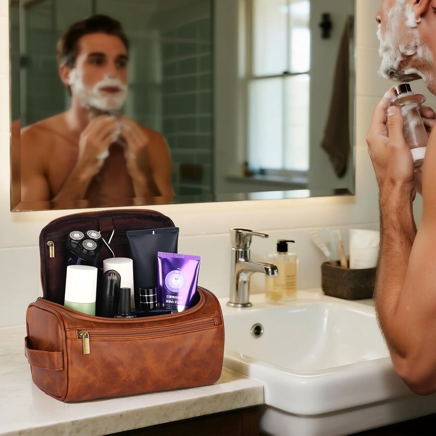 OXYEFEI Toiletry Bag Men,Gifts for Men,Mens Toiletry Travel Shaving Dopp Kit Bag with Initial PU Leather Cosmetic Bags Organizer Storage Accessories (R)