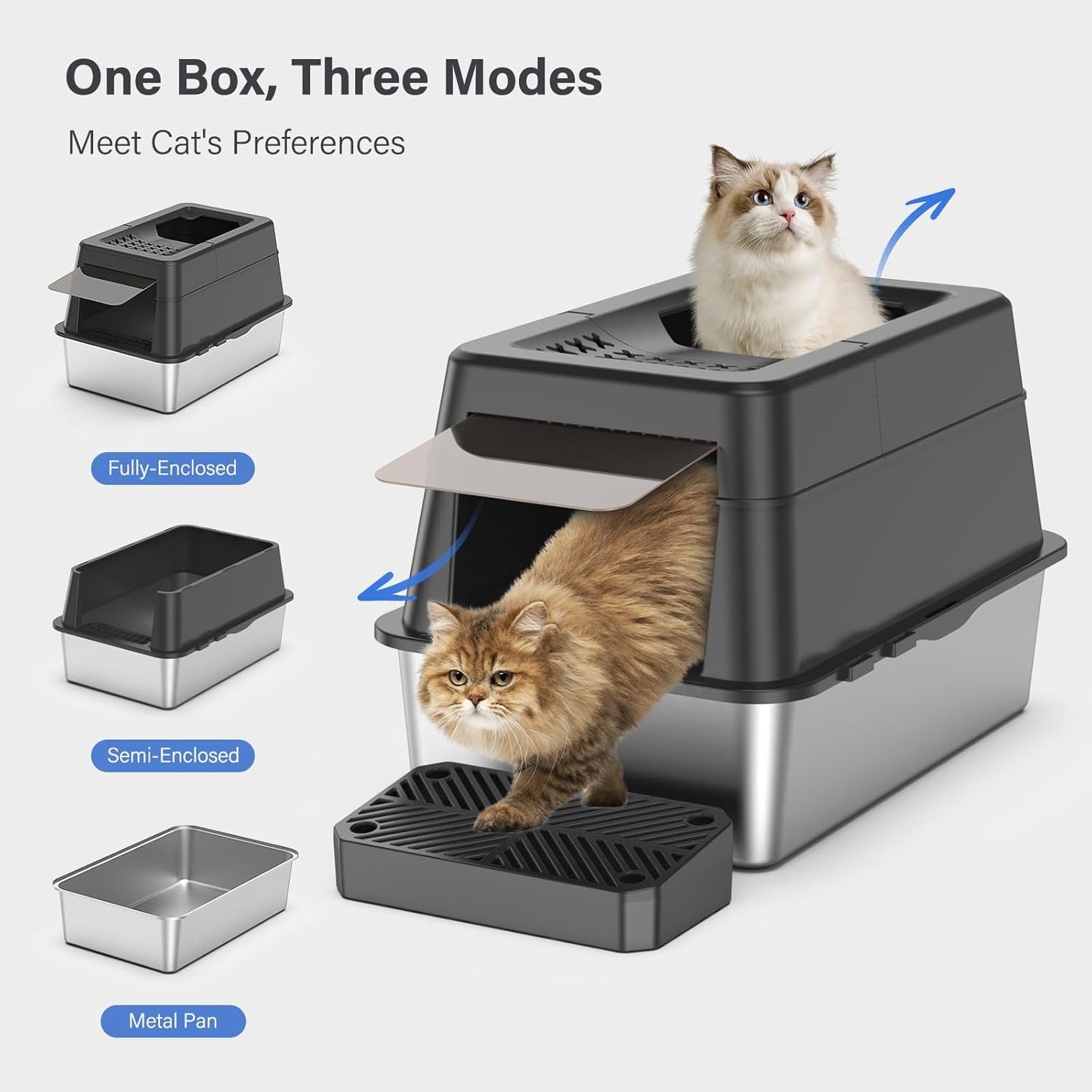 Stainless Steel Litter Box with Lid, XL Extra Large Enclosed Cat Litter Box for Big Cats 110° Flip Cover, Top Entry Metal High Sided Litter Box & Pedal & Scoop, Anti-Leakage (Grey)