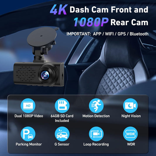 4K Dash Cam Front and Rear, 4k+1080p Dashcam for Car Built in GPS,5GHz WiFi, 64GB Card, Loop Recording Dash Cam w/Parking Monitor, Car Dash Cam Built-in Night Vision, App Control, WDR, G-Sensor - PuriLite