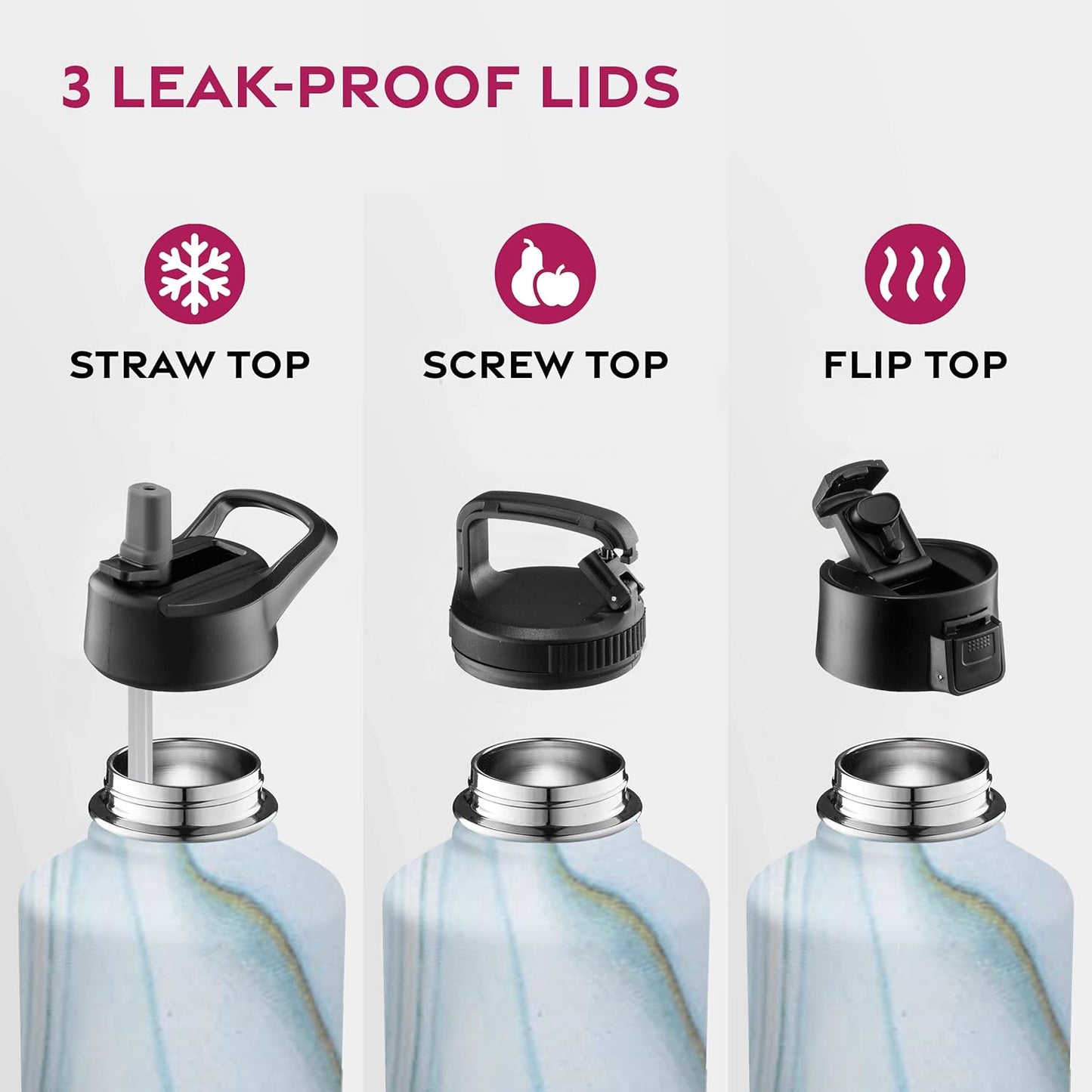 FineDine Water Bottle - Stainless Steel Insulated Water Bottle with Straw Lid, Flip Lid & Wide-Mouth Cap - Keeps Hot and Cold - 25 Oz / 739ml - Pure Pearly White