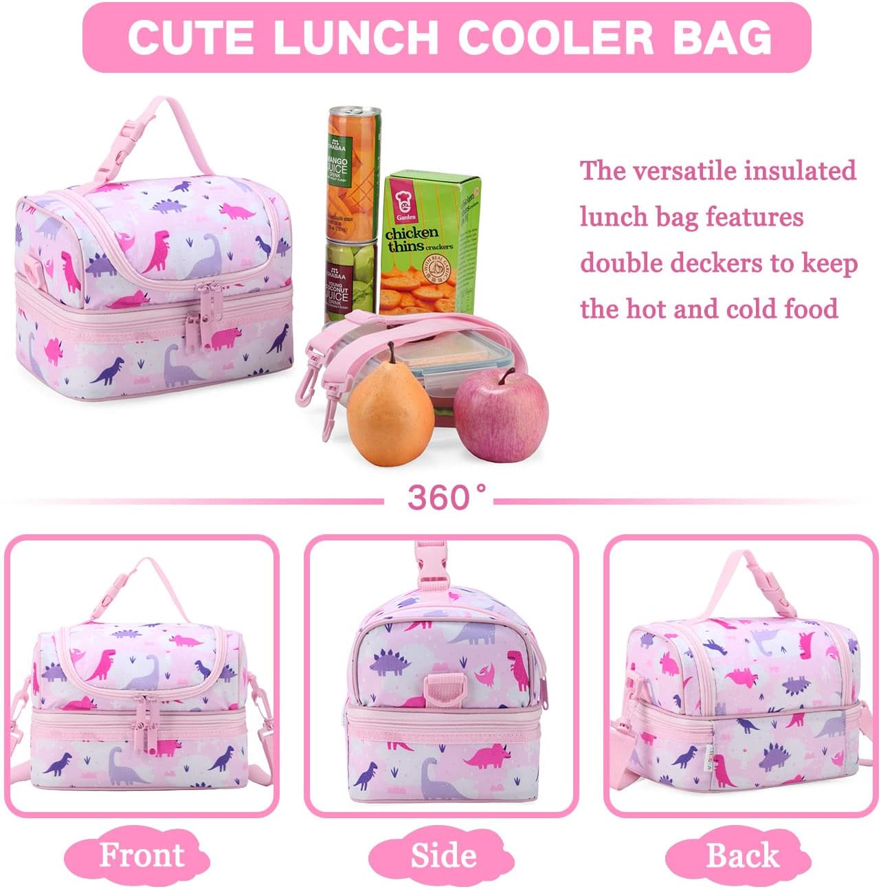 VASCHY Lunch Box Bag Men, Insulated Two Compartments Bento Cooler Bags for Adults/Women/Kids for School,Daycare,Kindergarten,Picnic Black