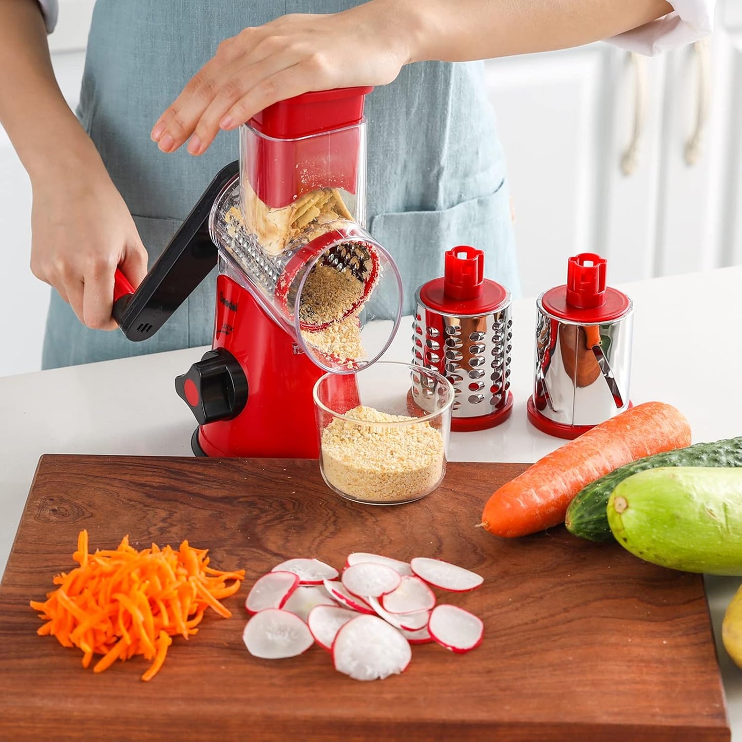 Geedel Kitchen Cheese Grater, Rotary Mandoline Vegetable Slicer with Interchangeable Blades, Easy to Use Rotary Grater Slicer for Fruit, Vegetables, Nuts