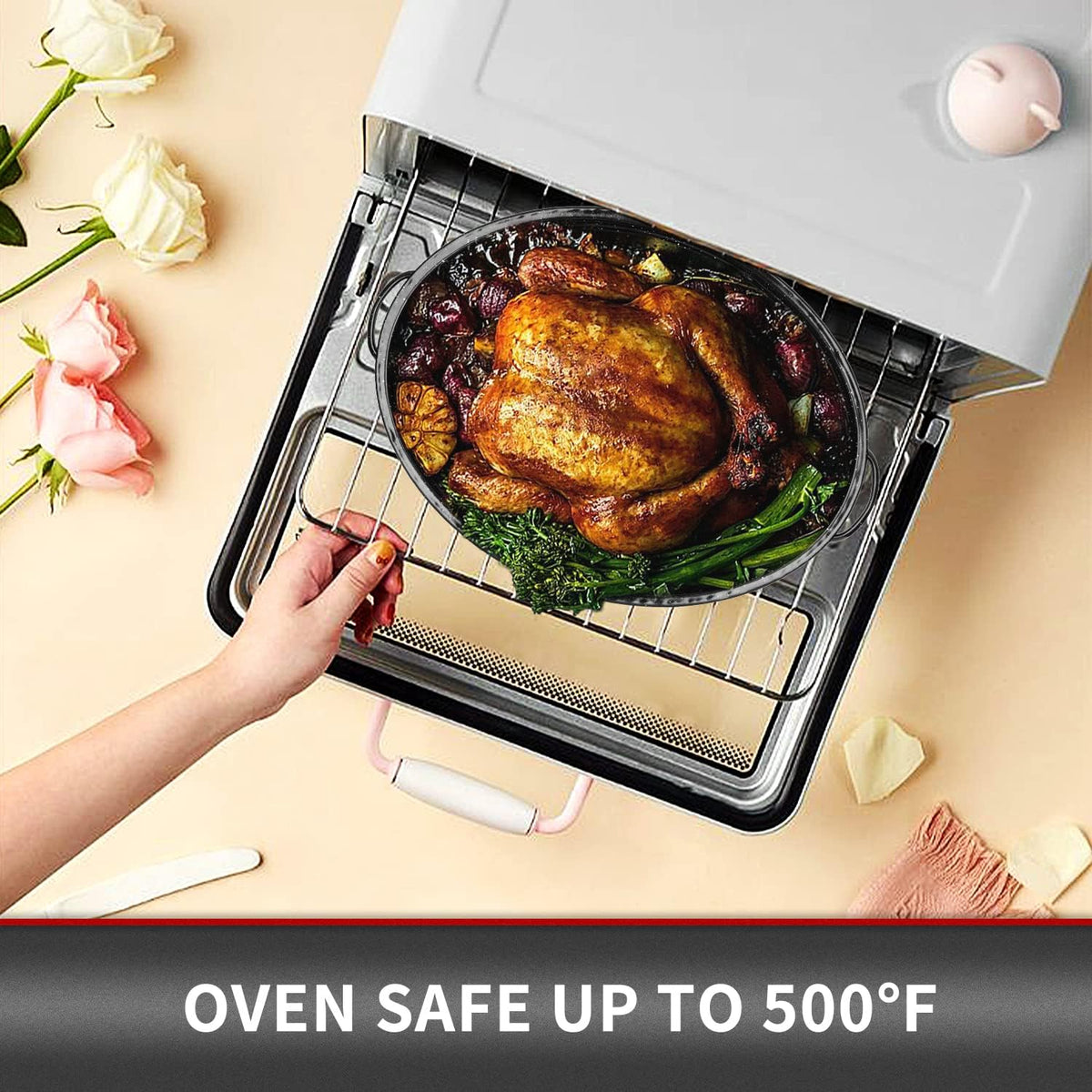 JY COOKMENT Granite Roaster Pan, 18” Enameled Roasting Pan with Domed Lid. Oval Turkey Roaster Pot, Broiler Pan Great for Turkey, Chicken, Lamb, Vegetable. Dishwasher Safe Cookware Fit for 18Lb Turkey