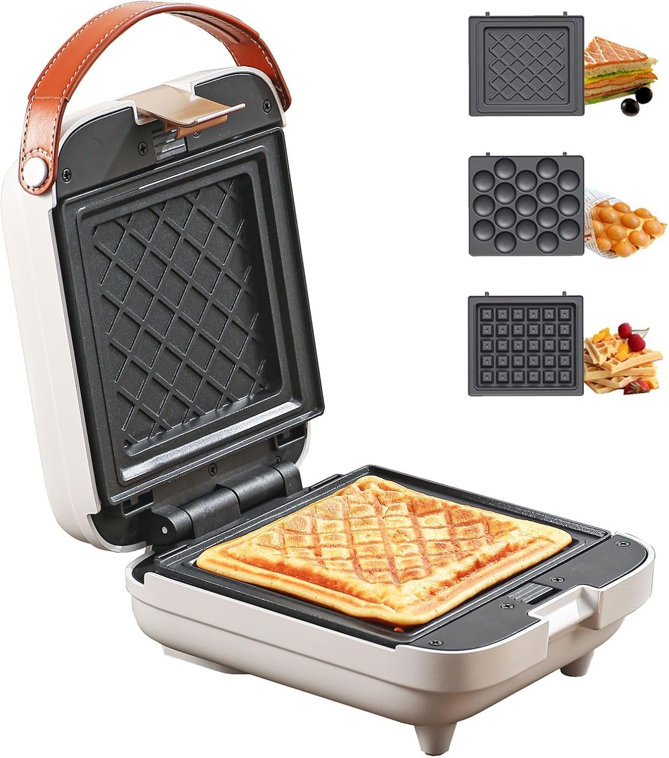 White 3 in 1 timing Sandwich Maker with Non-Stick Plates Indicator Lights and Lock Feature 600W Electric Panini Press, Pizza Pockets, Quesadillas, Waffle Breakfast Grilled Cheese Egg Bacon
