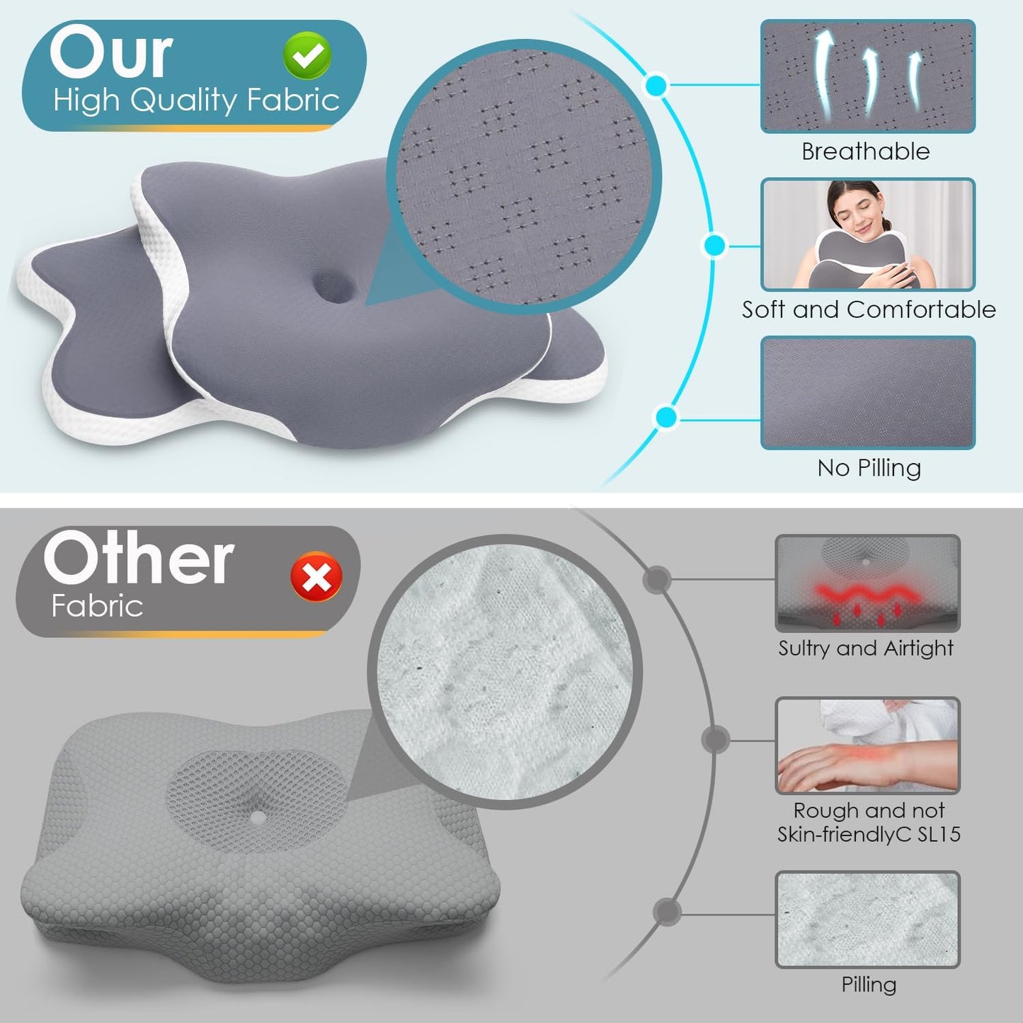 Memory Foam Pillow, 2 in 1 Cervical Pillow for Neck Pain Relief, Ergonomic Neck Support Pillows for Side Back Stomach Sleepers with Comfortable and Breathable Pillowcase