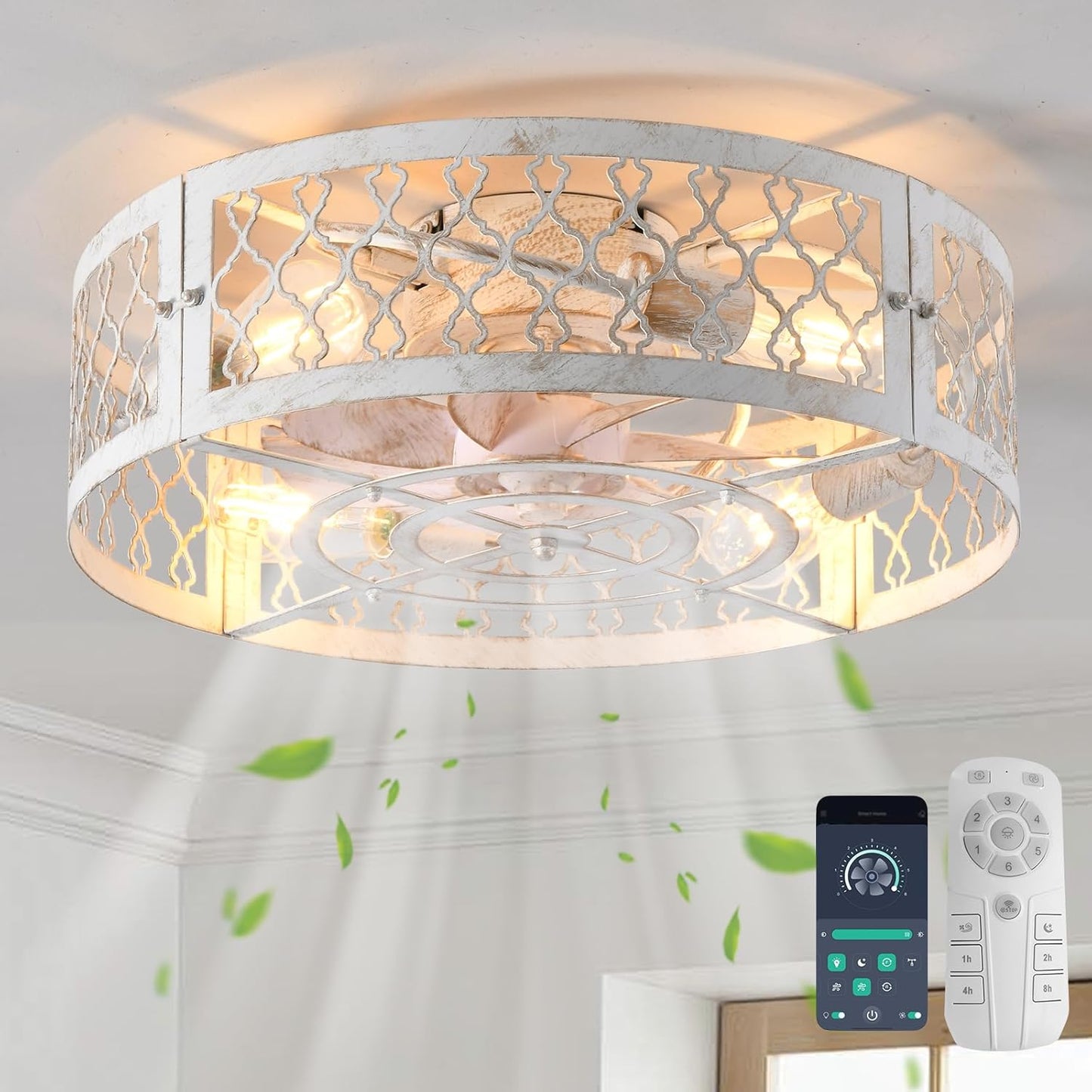 Garwarm Caged Low Profile Ceiling Fan with Lights and Remote, 20in Rustic Flush Mount Small Farmhouse Bladeless Ceiling Fan for Bedroom, Kitchen, Dining Room