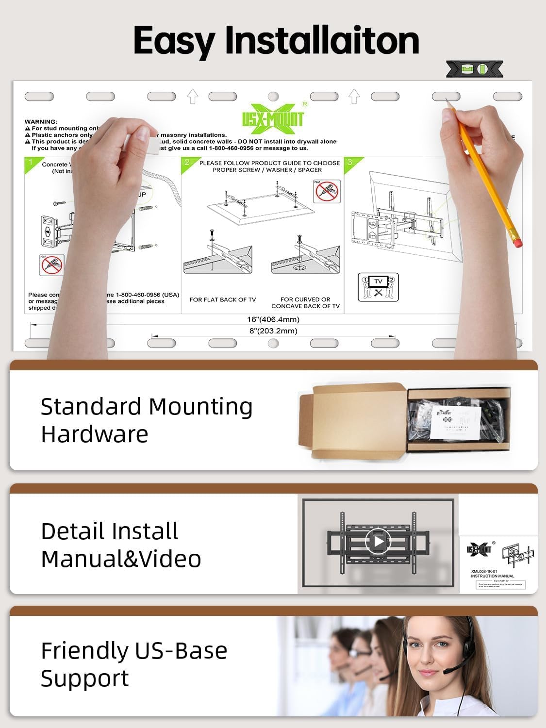 USX MOUNT Full Motion TV Wall Mount for Most 47-84 inch Flat Screen TVs, Wall Mount TV Bracket with Dual Swivel Articulating Arms, TV Mount with Max VESA 600x400mm, up to 132lbs, Fits 8” 12” 16" Studs