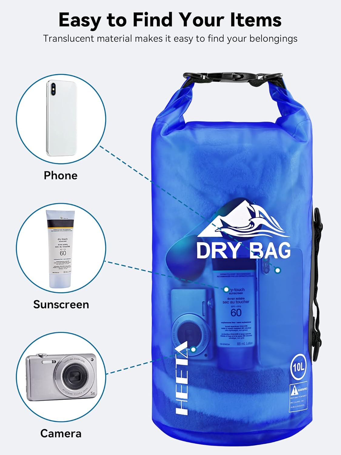 HEETA Dry Bag Waterproof for Women Men, 5L/10L/20L/30L/40L Roll Top Lightweight Dry Storage Bag Backpack with Phone Case for Travel Swimming Boating Kayaking Paddle Board Camping Beach Accessories