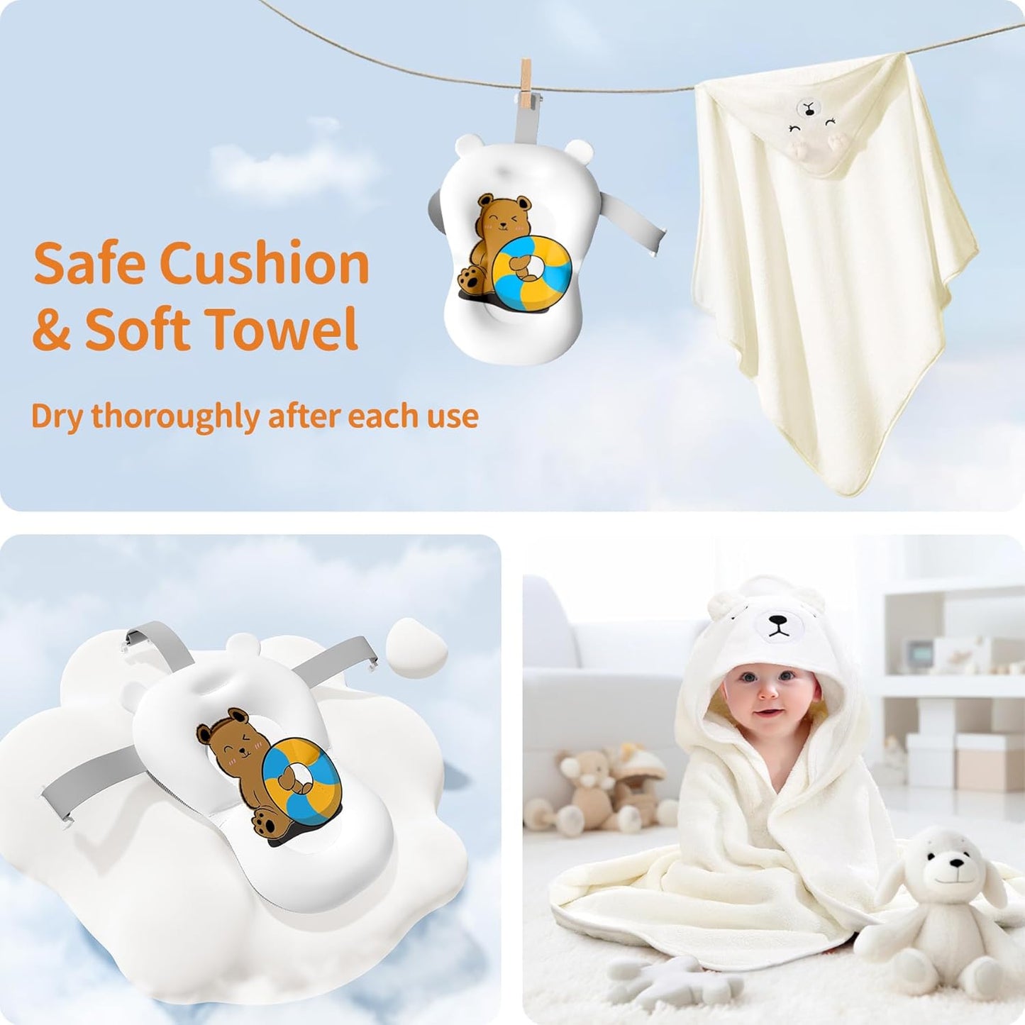 Kerbwry Baby Bathtub for Newborn to Toddler, Baby Bath Tub with Soft Towel and Floating Cushion, Baignoire Pour Bébé, Shower Essentials for Newborn (0-18 Months) Grey