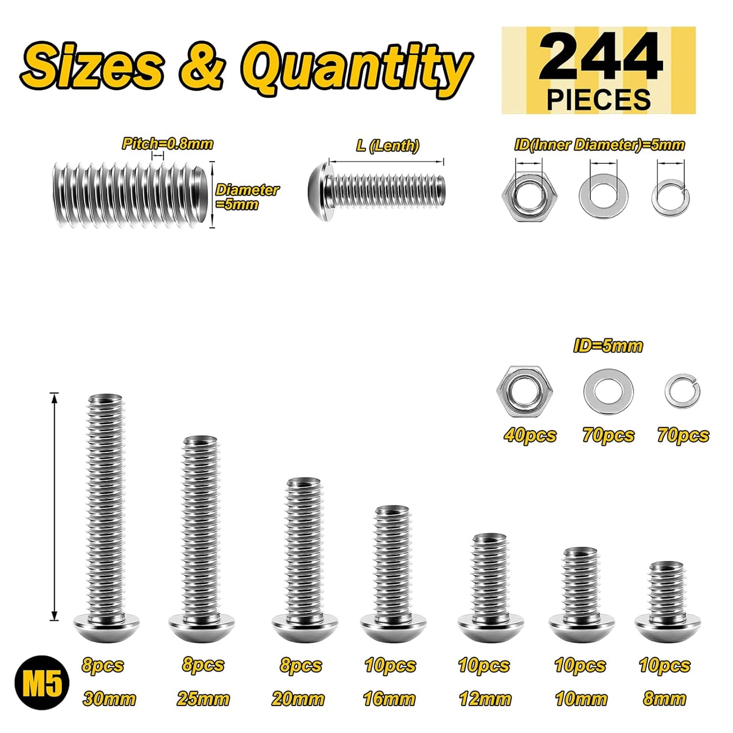 Mywish 900Pcs Metric Screw Assortment, M3 M4 M5 M6 Screw Assortment Kit 304 Stainless Steel Hex Socket Button Head Socket Cap Metric Screws Bolts & Flat Washers/Nuts/Hex Wrenches 16 Sizes 8MM to 20MM