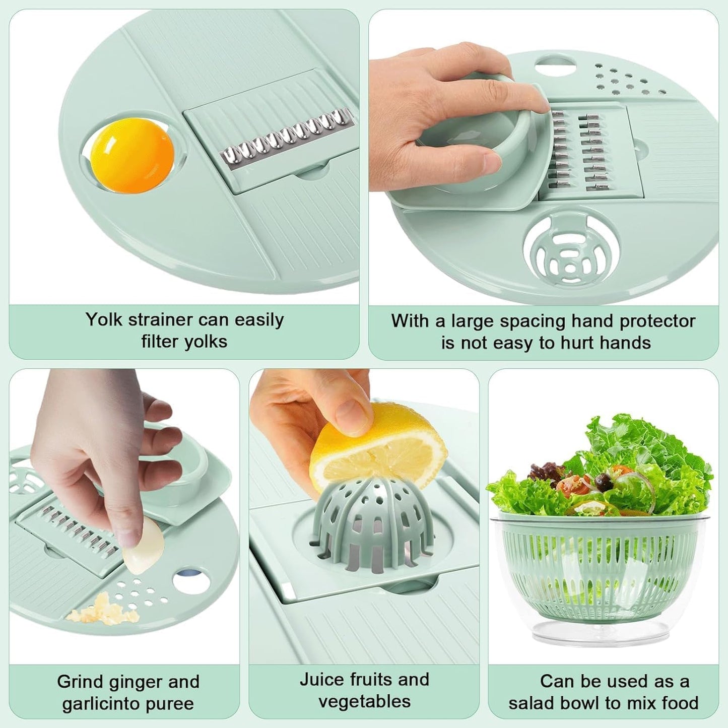 Salad Spinner Large, Vegetables Wash Bowl, Fruits & Herb Lettuce Dryer with 5 Blade Slicer Egg Yolk Strainer Shredder for Efficient Salad Preparation and Food Washing (5 in 1)