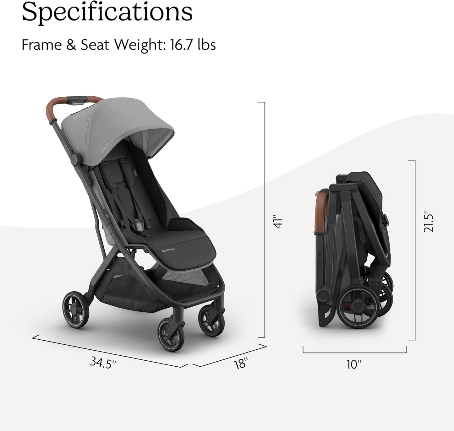UPPAbaby Minu V3 Travel Stroller | Lightweight + Compact Design | One-Hand Fold + Unfold | From Birth + Overhead Compatible | Greyson (Charcoal Mélange/Carbon Frame/Saddle Leather)