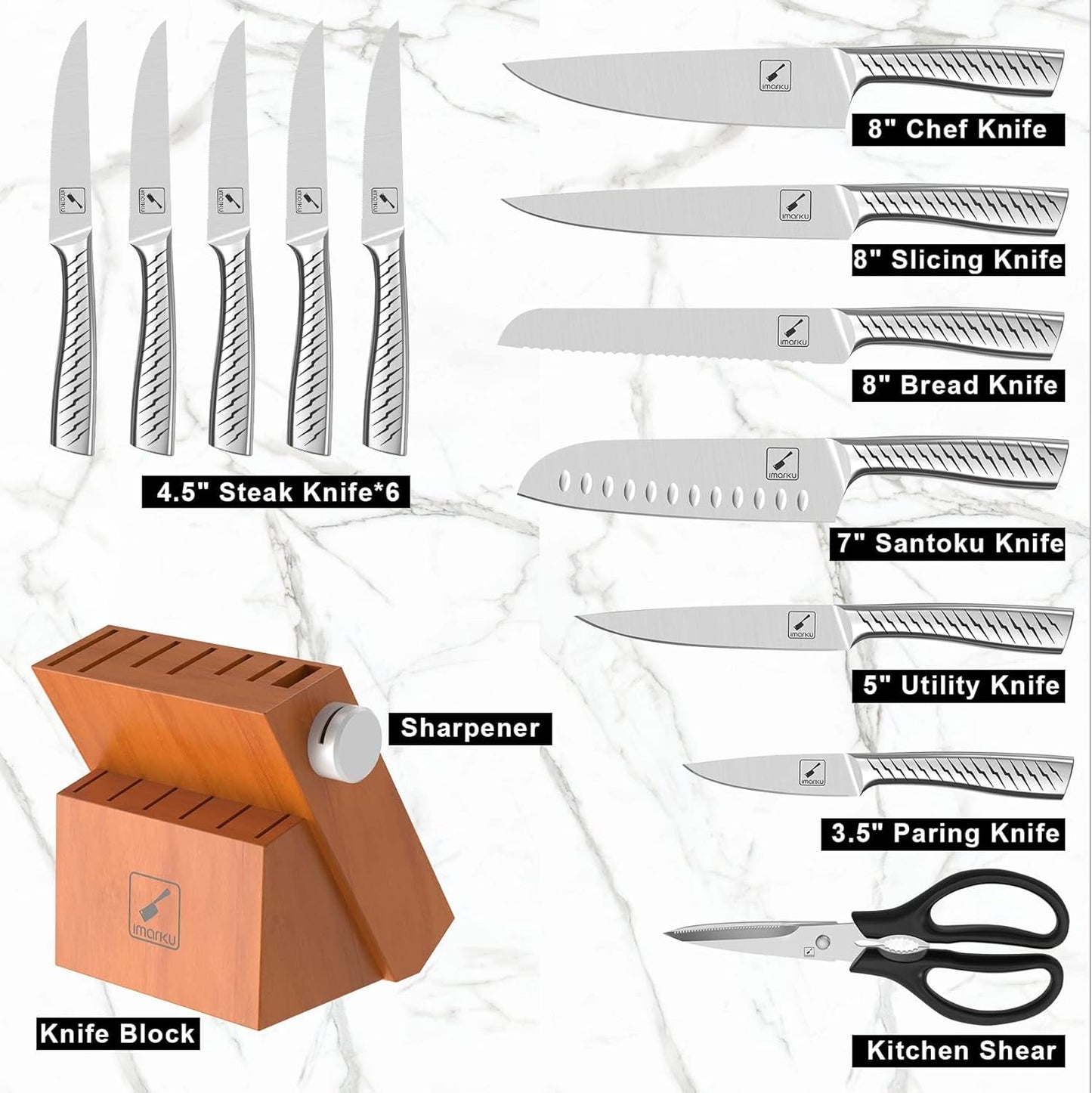 Knife Sets for Kitchen with Block imarku Japanese Knife Set Stainless Steel Kitchen with Block 14pcs, Built-in Sharpener, Sharp Knife Block Set with Non-Slip Ergonomic Handles - Dishwasher Safe