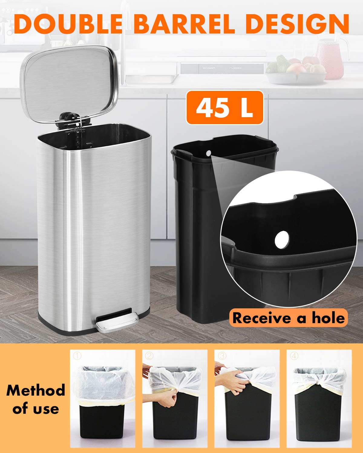 13 Gallon/50 L Garbage Can Kitchen Trash Can with Lid for Office Bedroom Bathroom Step Trash Bin Fingerprint-Proof Brushed Stainless Steel