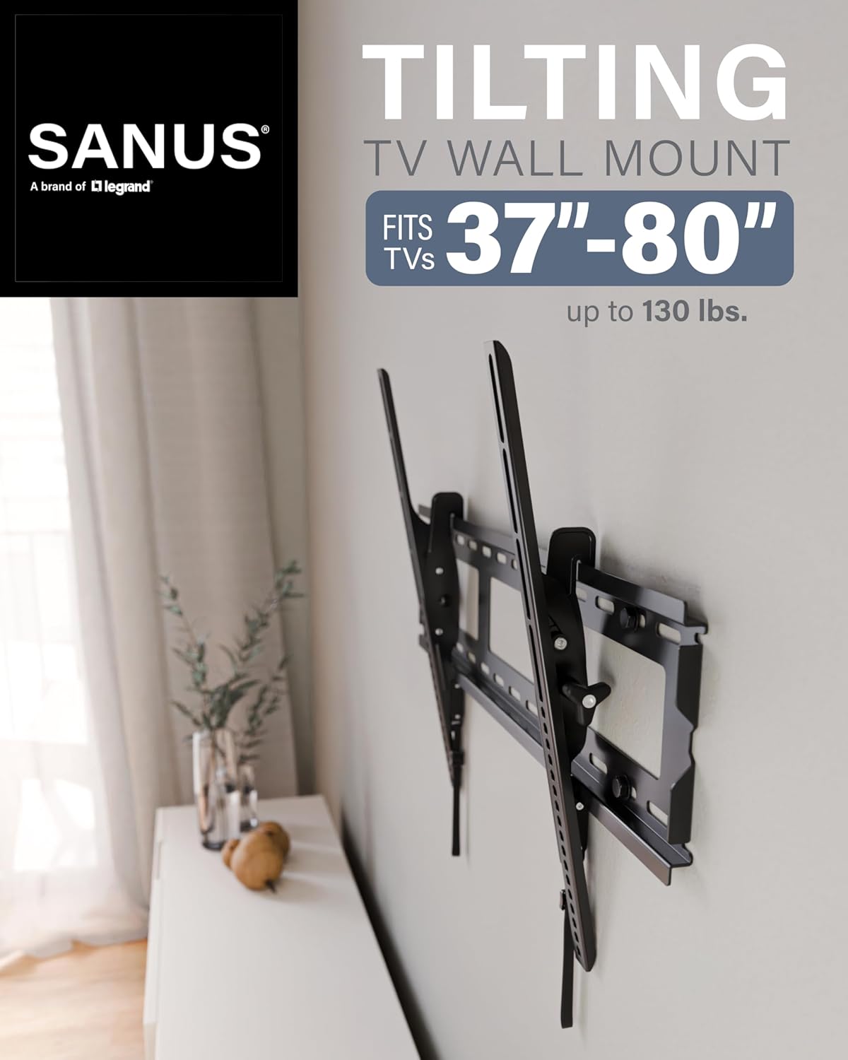 Sanus Universal Low Profile Tilt TV Wall Mount for 37" - 80" LED, LCD & Plasma TVs, Eliminates Glare with 10º of Tilt & Post-Install Adjustments - 3 Step Install - Safety Certified - MLT14-B1