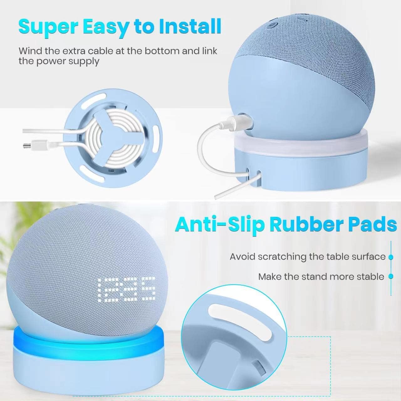 ZUOLACO Table Stand for Echo Dot 5th Generation, Desktop Holder Mount Base for Echo Dot 4th & 5th Gen, Built-in Cable Management and Light Guide, Make Dot More Noticeable, Cloud Blue