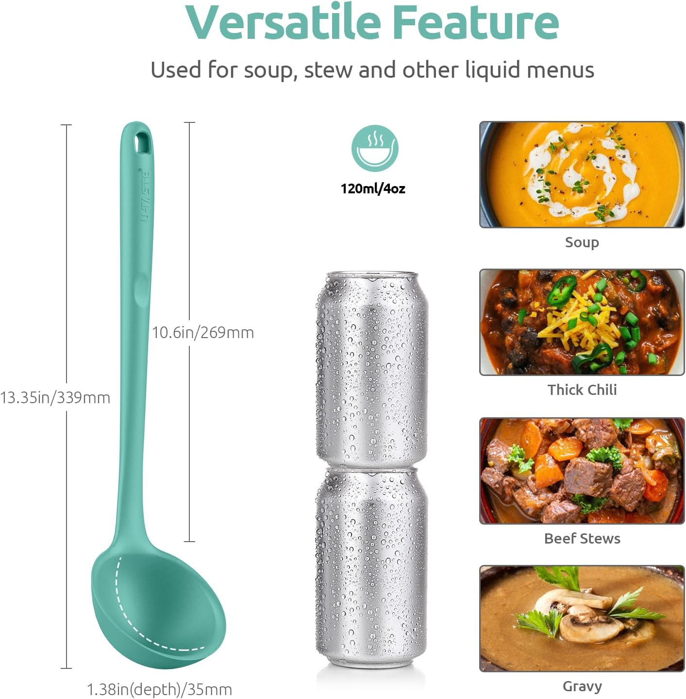 13 inch Silicone Soup Ladle: U-Taste 600ºF Heat Resistant 4 oz Large Non-Stick Seamless Rubber Kitchen Deep Serving Spoon with Non-Slip Solid Long Handle for Cooking Sauce/Stews/Gravies/Chili(Purple)