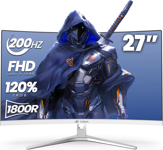 CRUA 27 Inch Curved Gaming Monitor 200Hz/144Hz, FHD 1920X1080P 1800R White Computer Monitor, VA Screen,1ms GTG with FreeSync, Eye Care, HDMI & Displayport, Wall Mountable, Tilt Adjustable - PuriLite