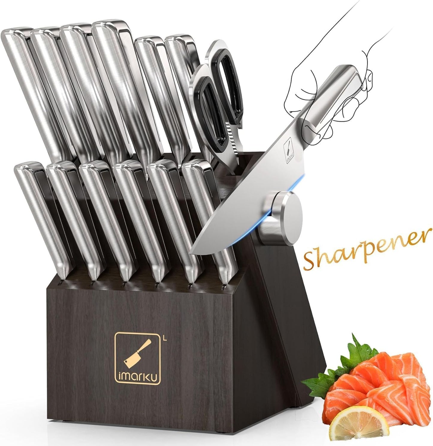 Knife Sets for Kitchen with Block imarku Japanese Knife Set Stainless Steel Kitchen with Block 14pcs, Built-in Sharpener, Sharp Knife Block Set with Non-Slip Ergonomic Handles - Dishwasher Safe