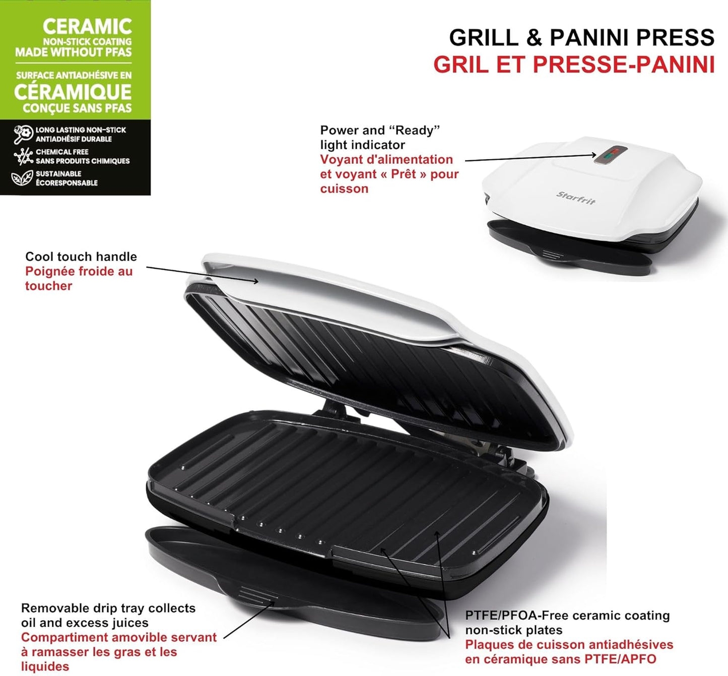 Starfrit Grill And Panini Press With Ceramic Coating - Non-Stick Coating - Removable Fat And Oil Collection - White