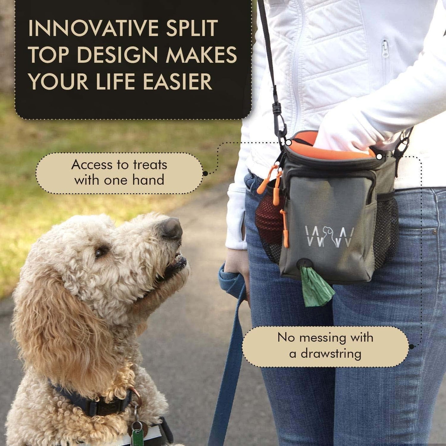 Wolf in Winter Multipurpose Dog Treat Pouch with Neoprene Split Top Dog Training Treat Pouch Bag with Shoulder Strap, Belt and Clip, Exterior Storage Pocket (Orange)