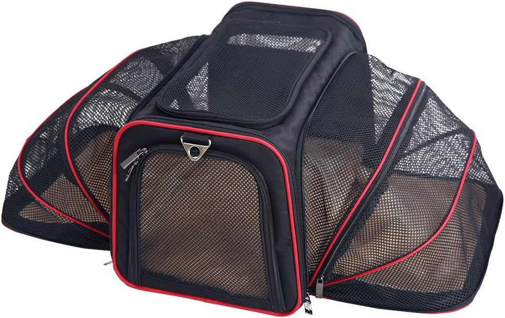 Petsfit Expandable Cat Dog Carrier Airline Approved, 17" L x 11" W x 11" H Soft-Sided Portable Pet Travel Carrier for Kitten, Puppy, Removable Soft Plush Mat and Pockets, Auto-Locking Zippers